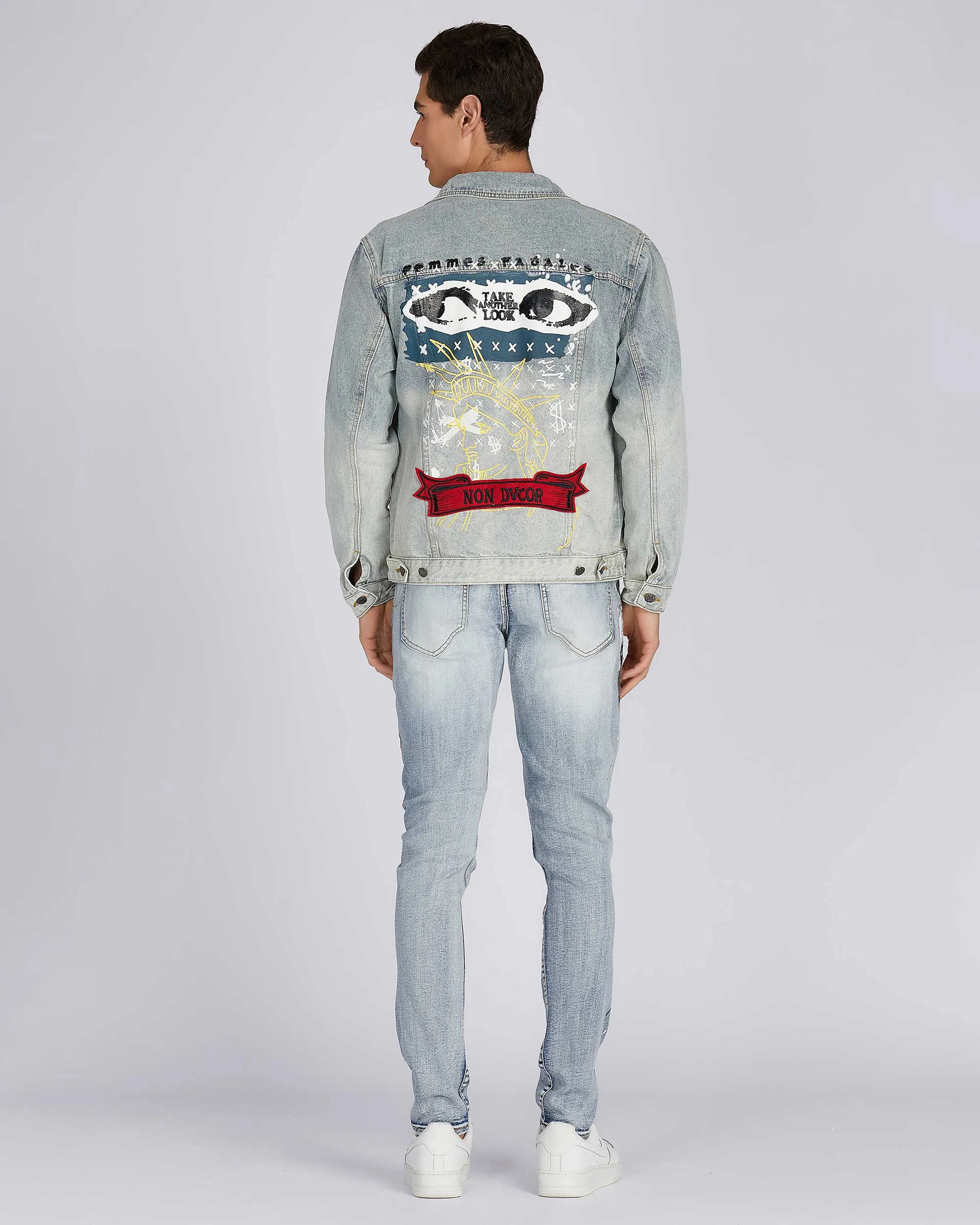 Distressed Blue Denim Jacket with Art Painted-Mexico Local Delivery