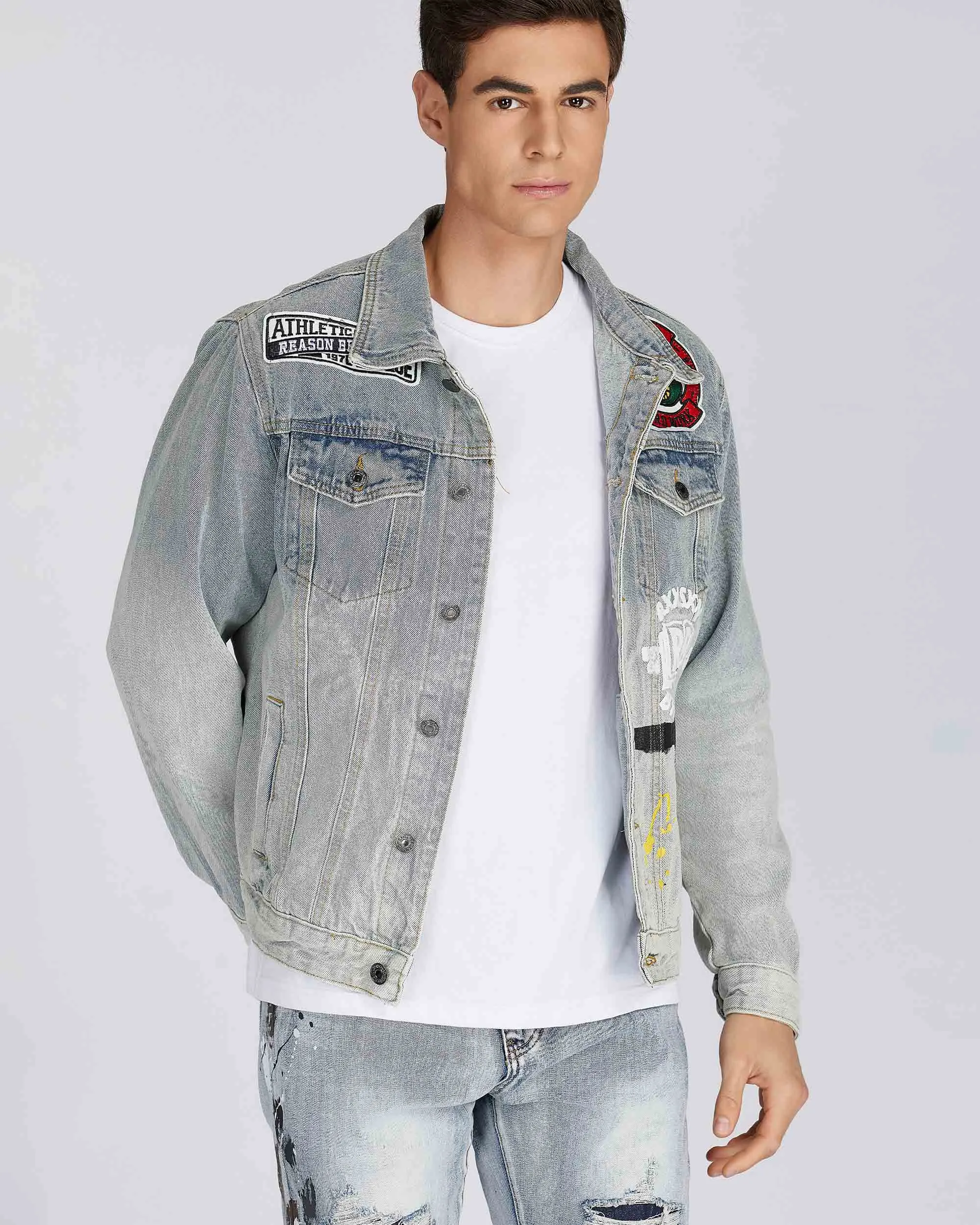Distressed Blue Denim Jacket with Art Painted-Mexico Local Delivery