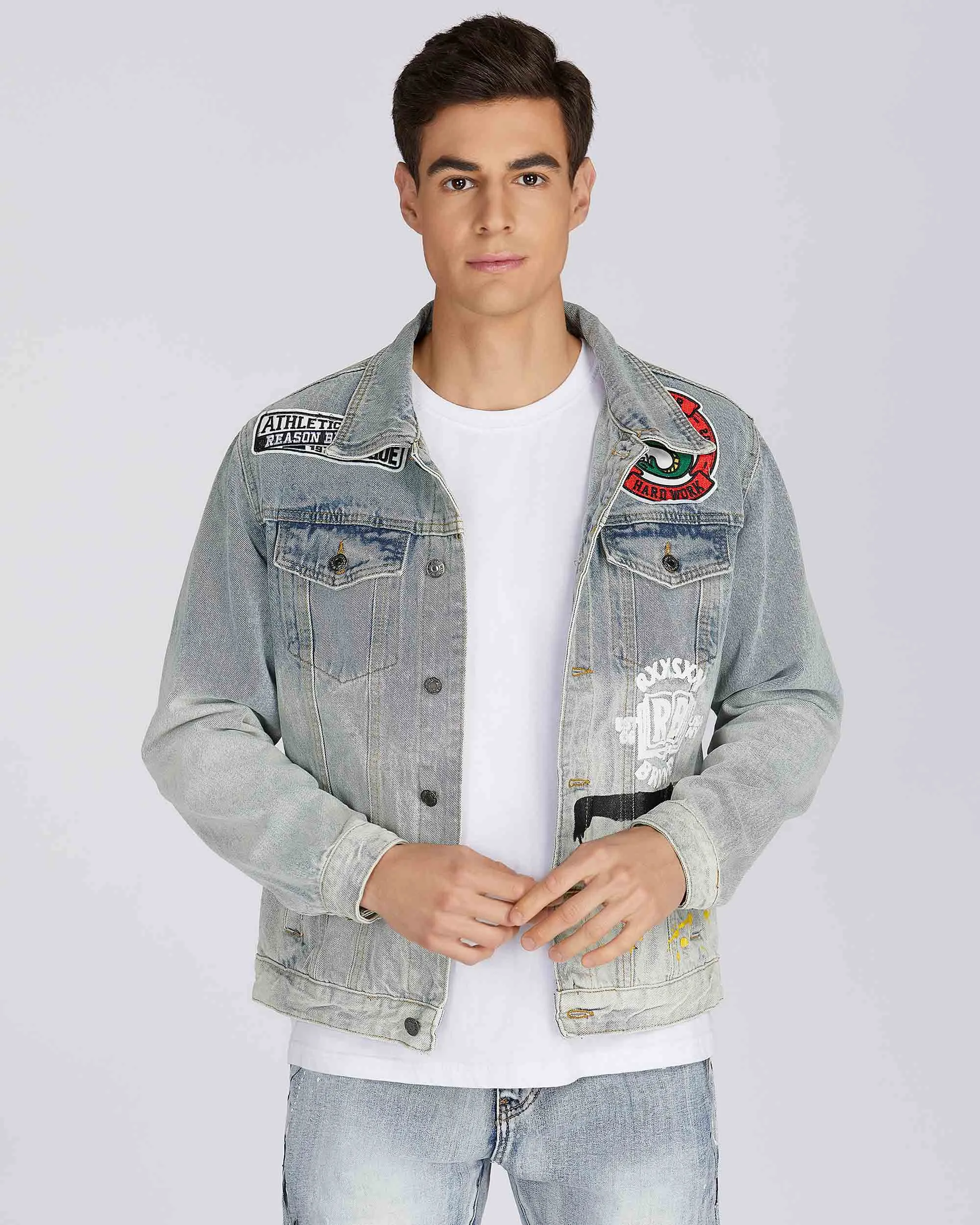 Distressed Blue Denim Jacket with Art Painted-Mexico Local Delivery