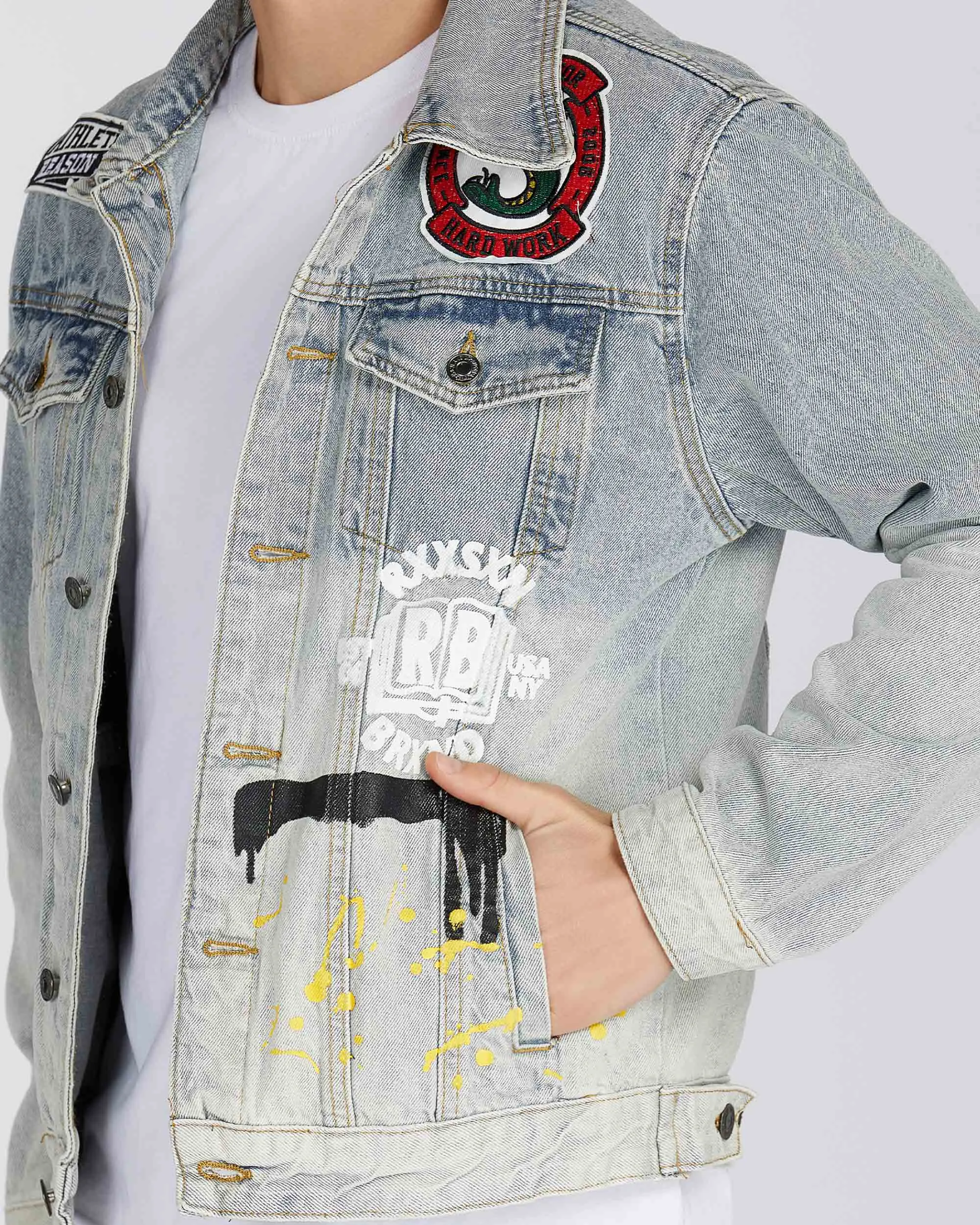 Distressed Blue Denim Jacket with Art Painted-Mexico Local Delivery