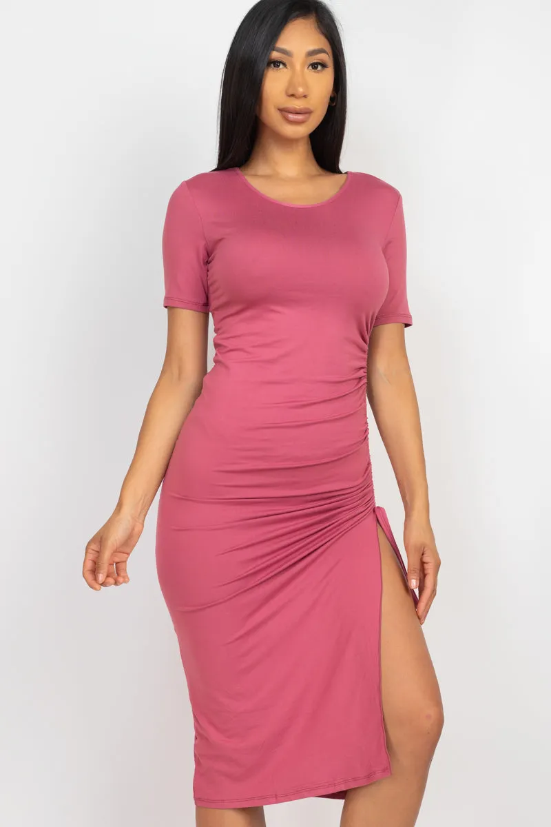 Drawstring Ruched Side Split Hem Midi Dress