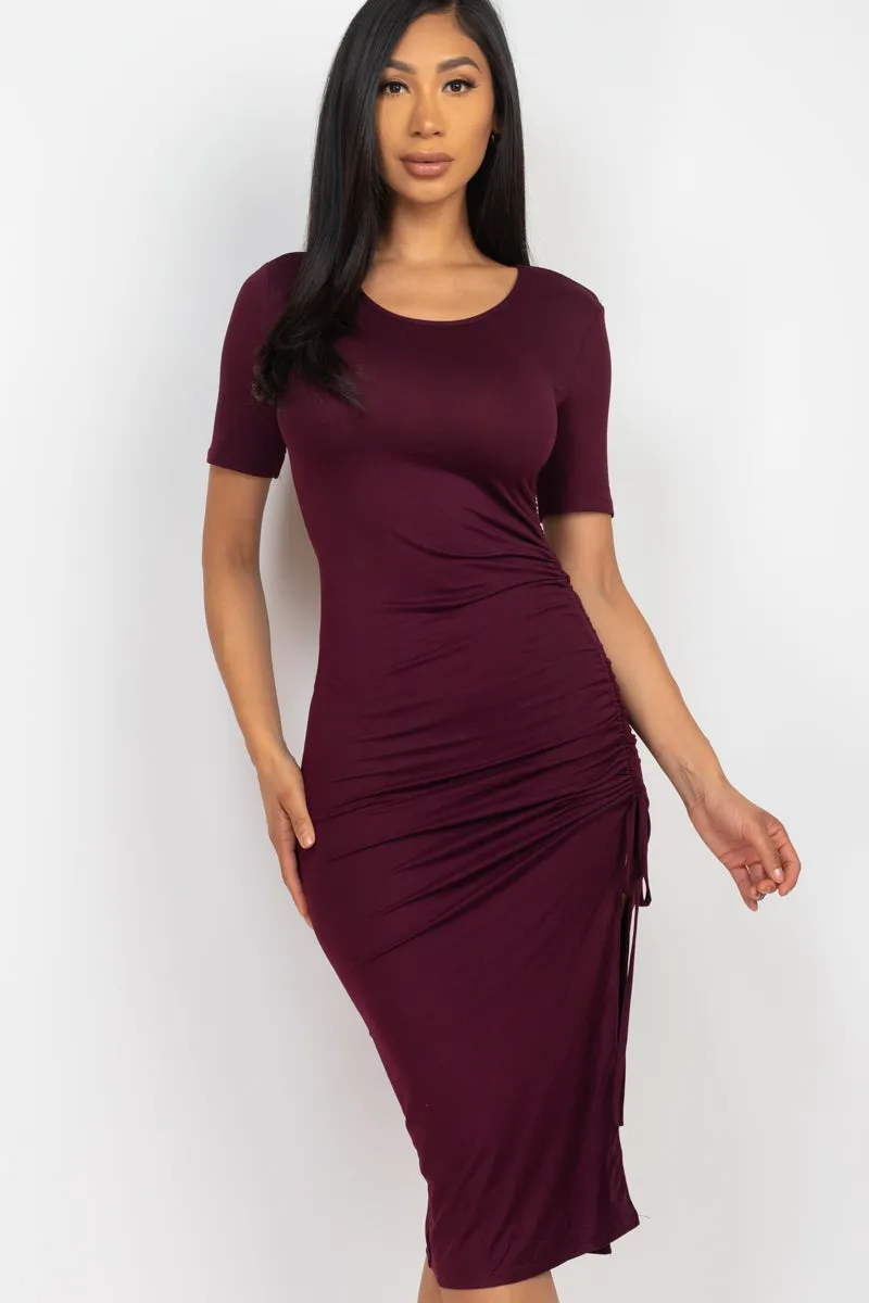 Drawstring Ruched Side Split Hem Midi Dress