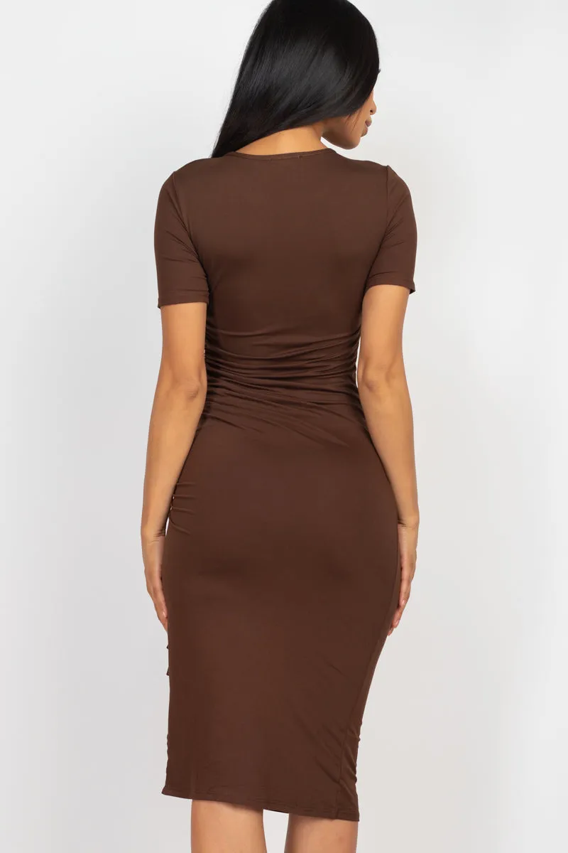 Drawstring Ruched Side Split Hem Midi Dress