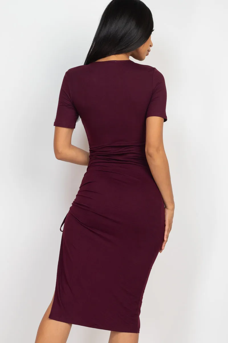 Drawstring Ruched Side Split Hem Midi Dress