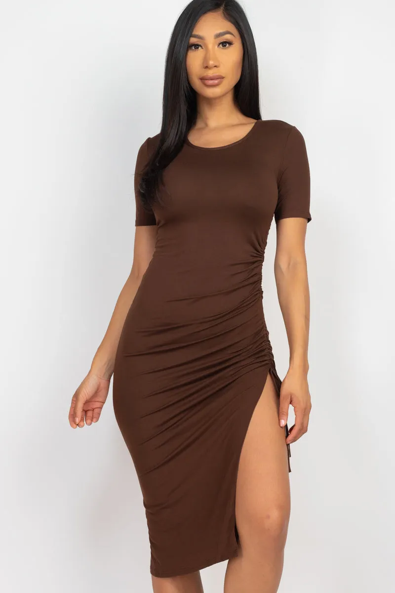Drawstring Ruched Side Split Hem Midi Dress