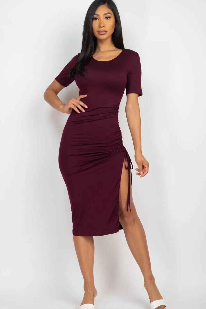 Drawstring Ruched Side Split Hem Midi Dress