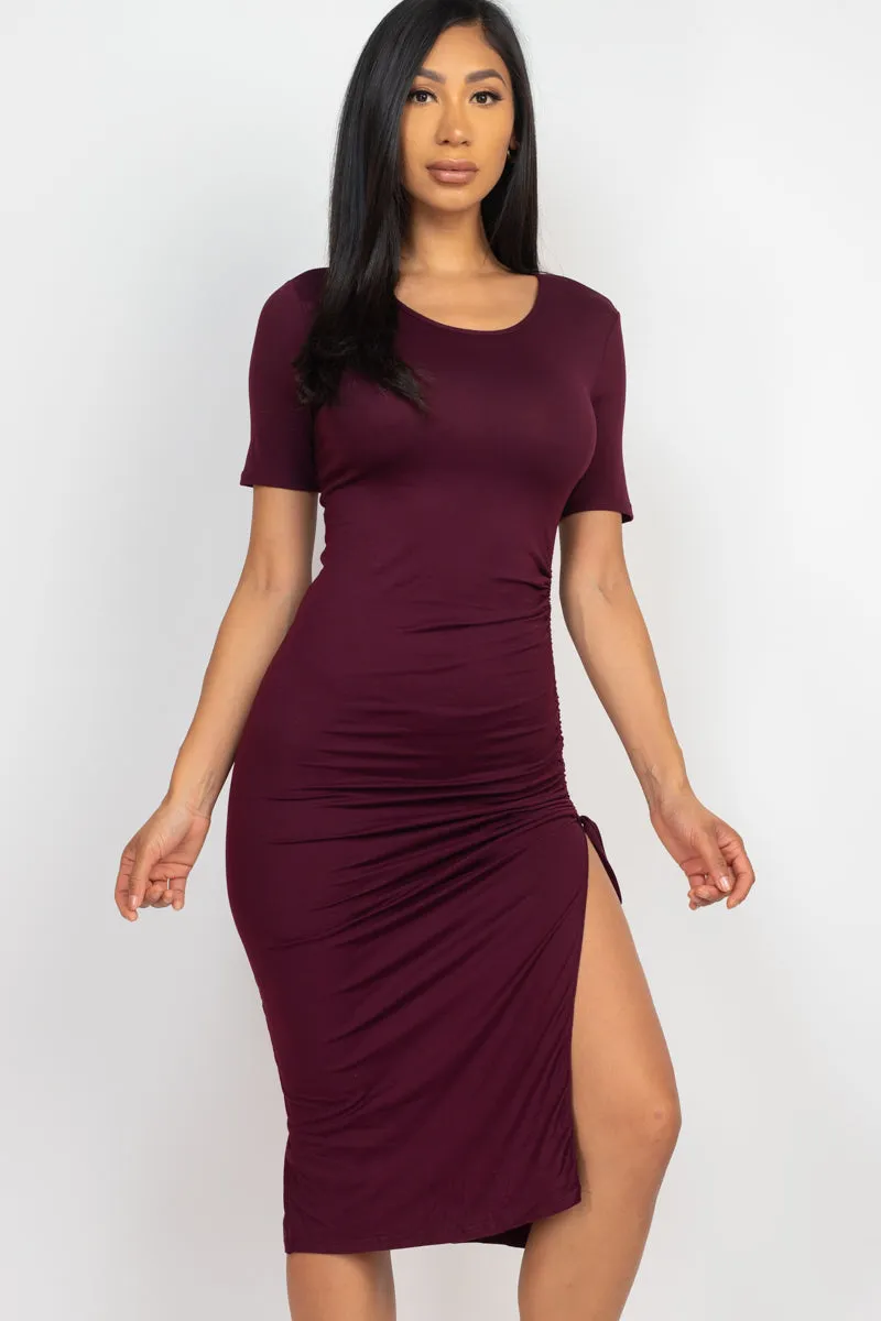 Drawstring Ruched Side Split Hem Midi Dress