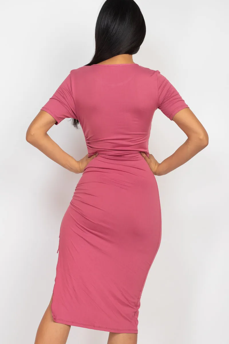 Drawstring Ruched Side Split Hem Midi Dress