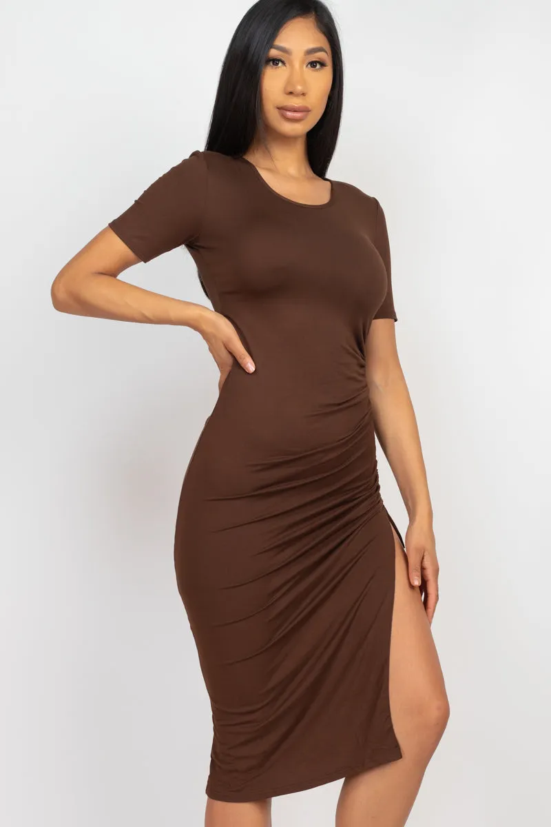 Drawstring Ruched Side Split Hem Midi Dress