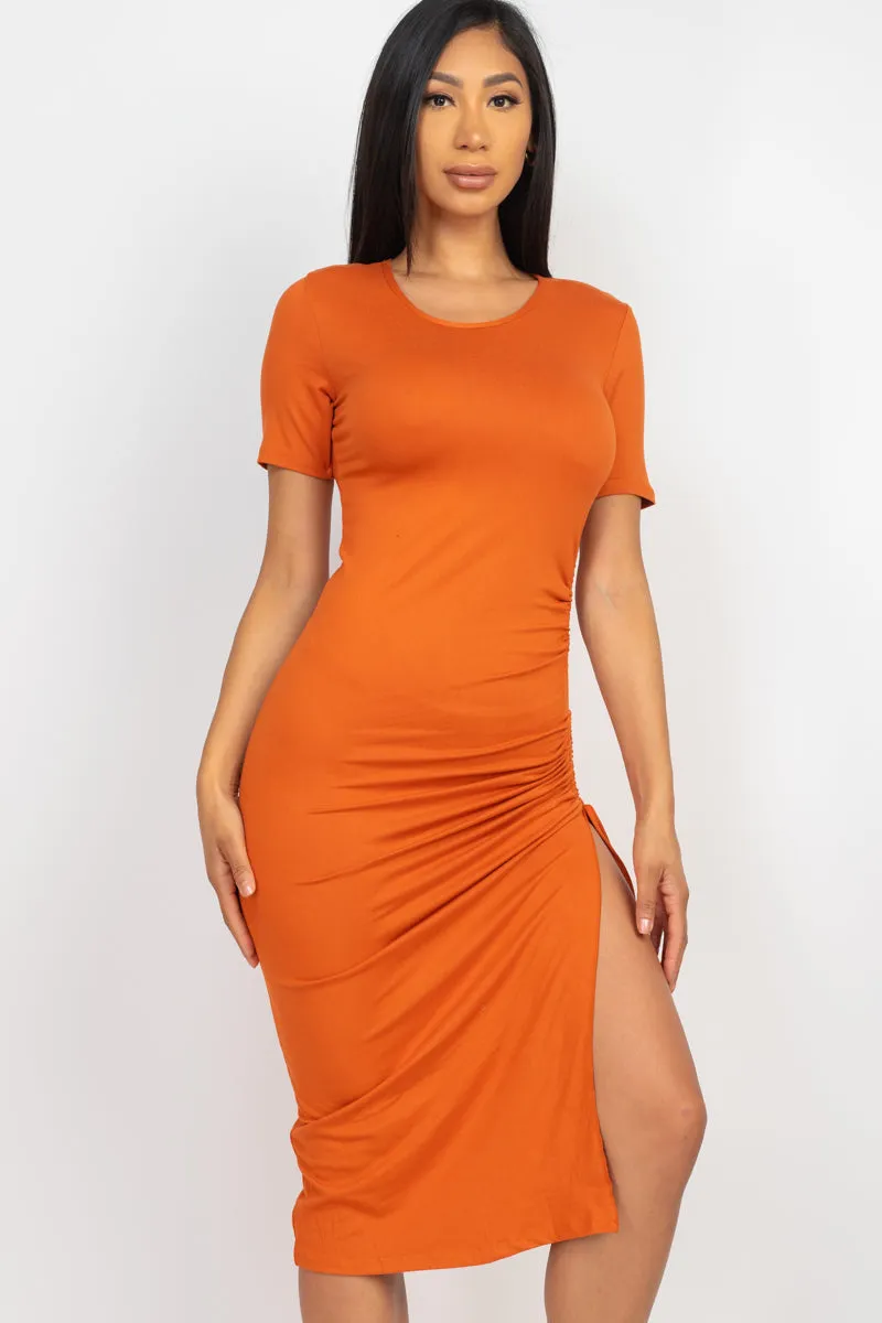 Drawstring Ruched Side Split Hem Midi Dress