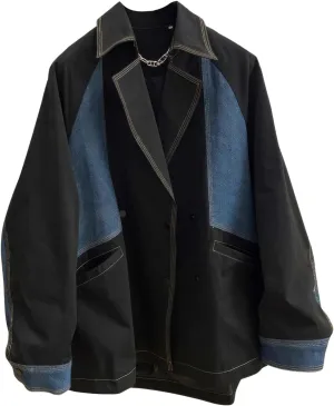 ebossy Womens Oversized Patchwork Denim Blazer Notch Lapel Button Down Distressed Boyfriend Jean Jacket