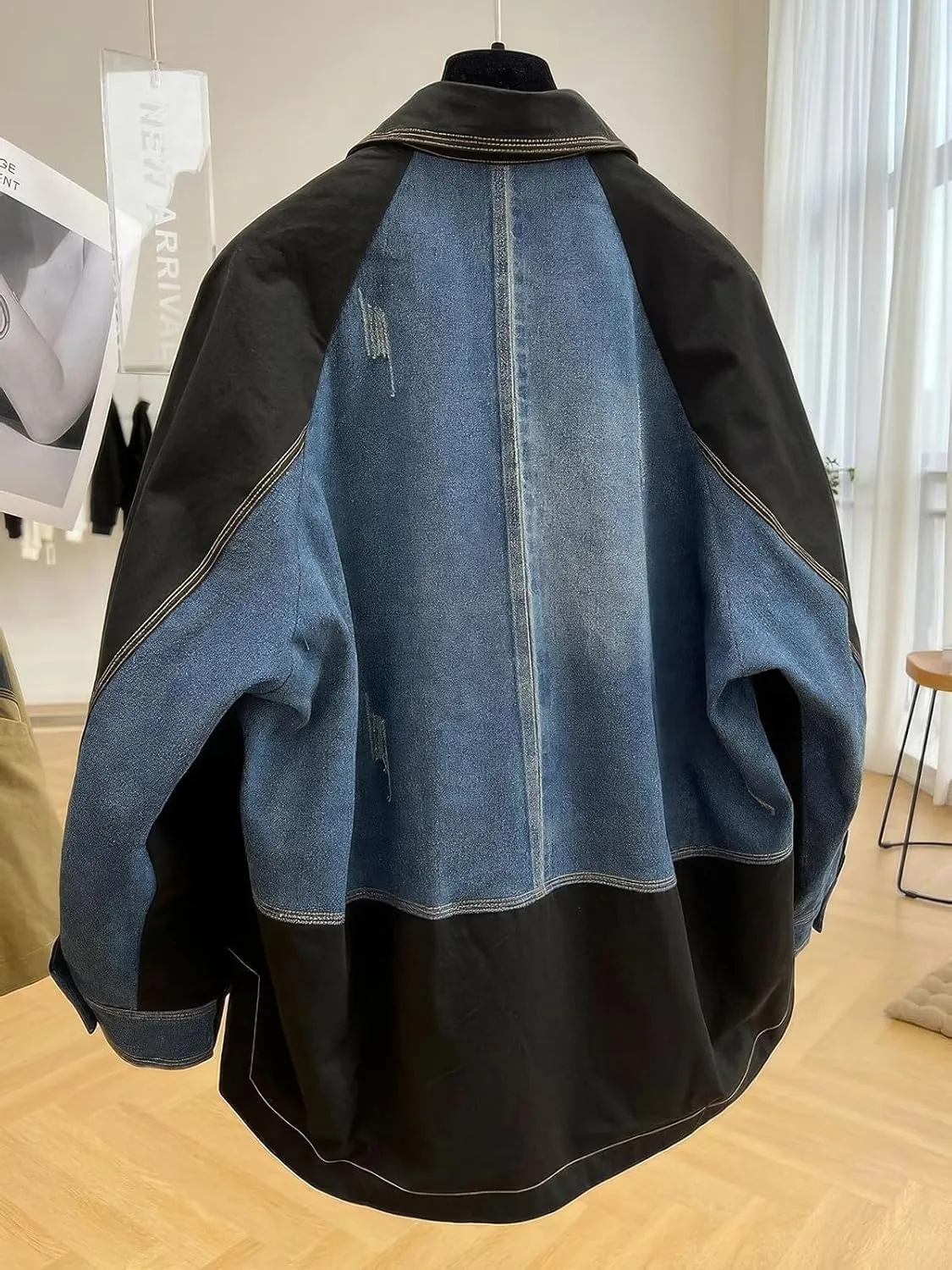 ebossy Womens Oversized Patchwork Denim Blazer Notch Lapel Button Down Distressed Boyfriend Jean Jacket
