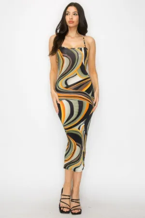 Elegant Cross-Back Marble Midi Dress - Fashionable Print Design