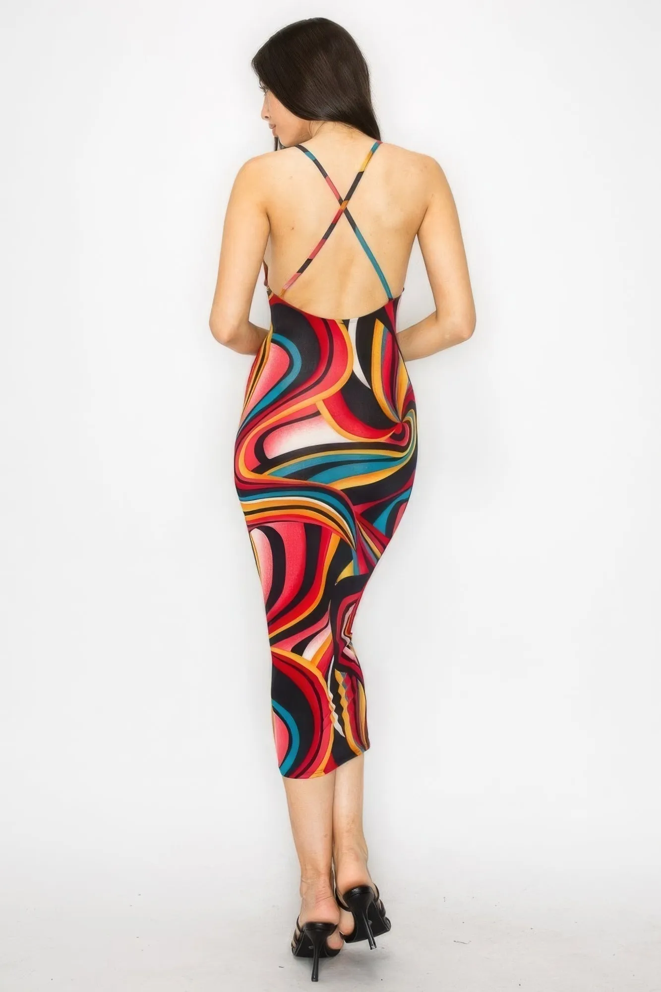 Elegant Cross-Back Marble Midi Dress - Fashionable Print Design