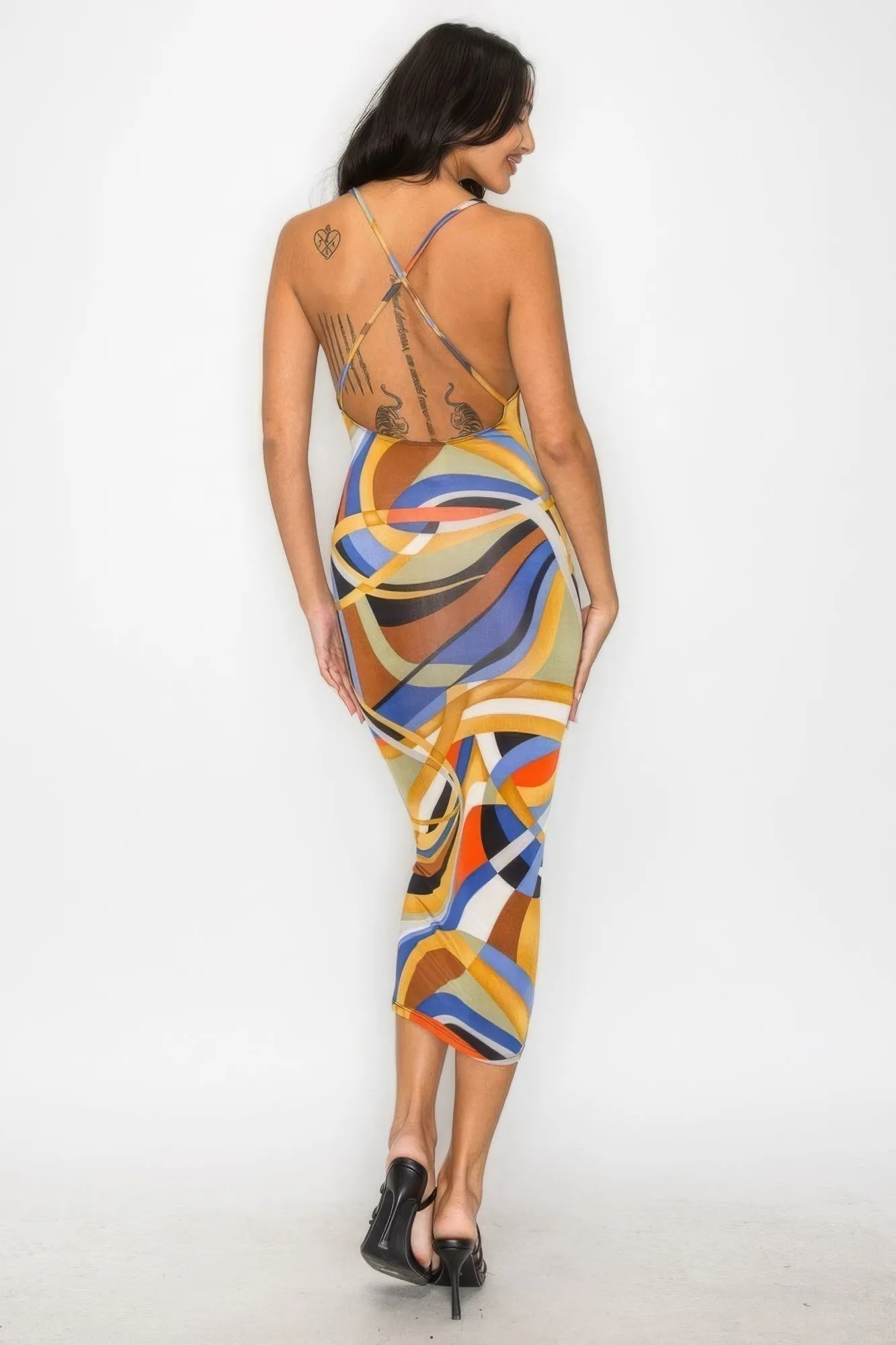 Elegant Cross-Back Marble Midi Dress - Fashionable Print Design