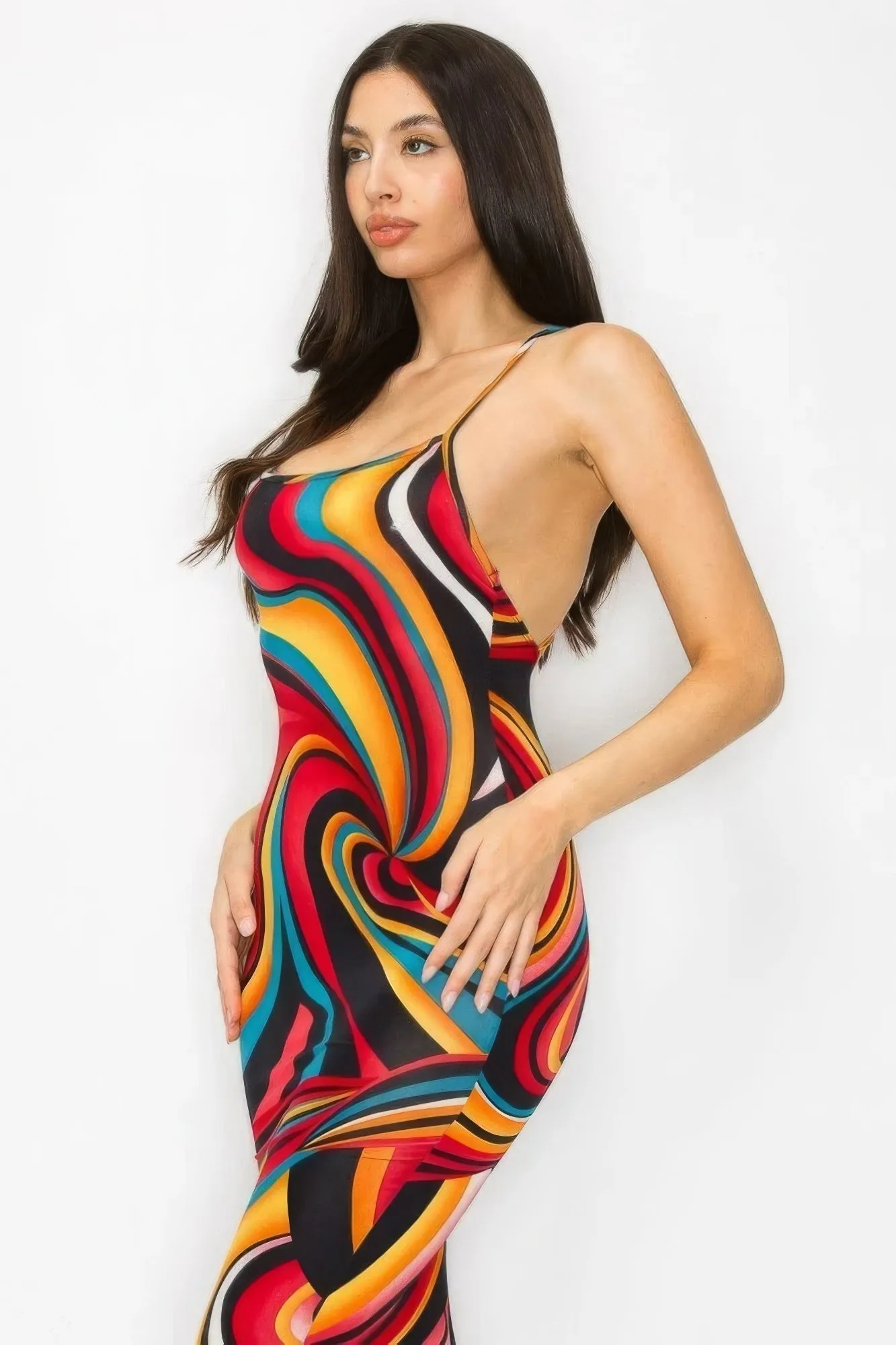 Elegant Cross-Back Marble Midi Dress - Fashionable Print Design