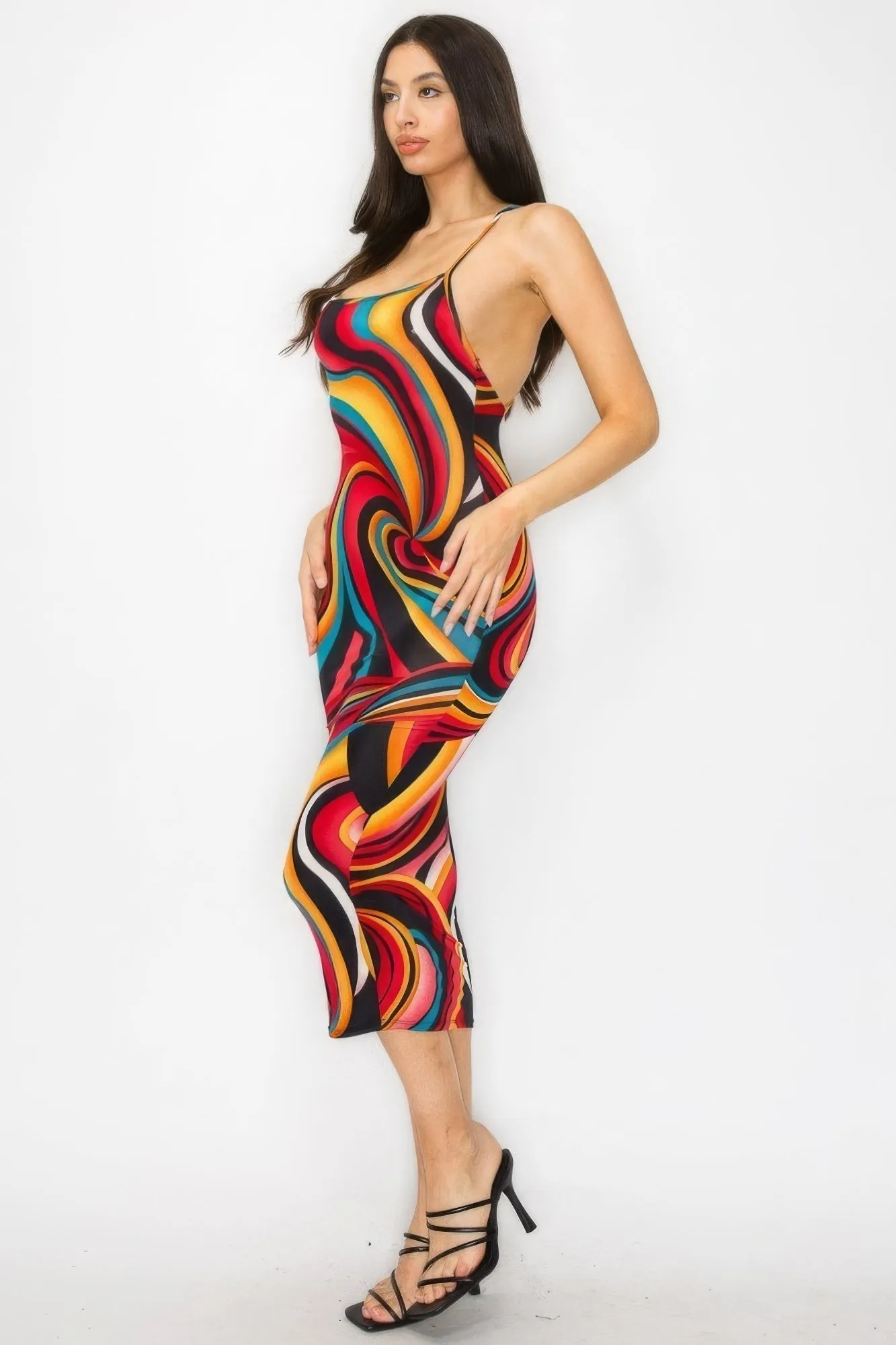 Elegant Cross-Back Marble Midi Dress - Fashionable Print Design