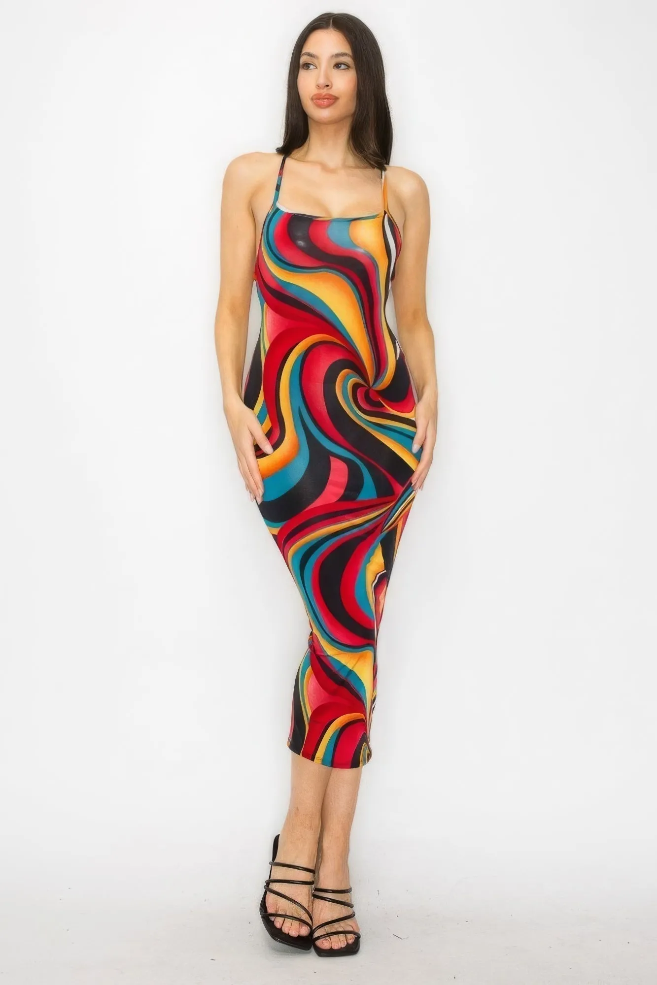 Elegant Cross-Back Marble Midi Dress - Fashionable Print Design