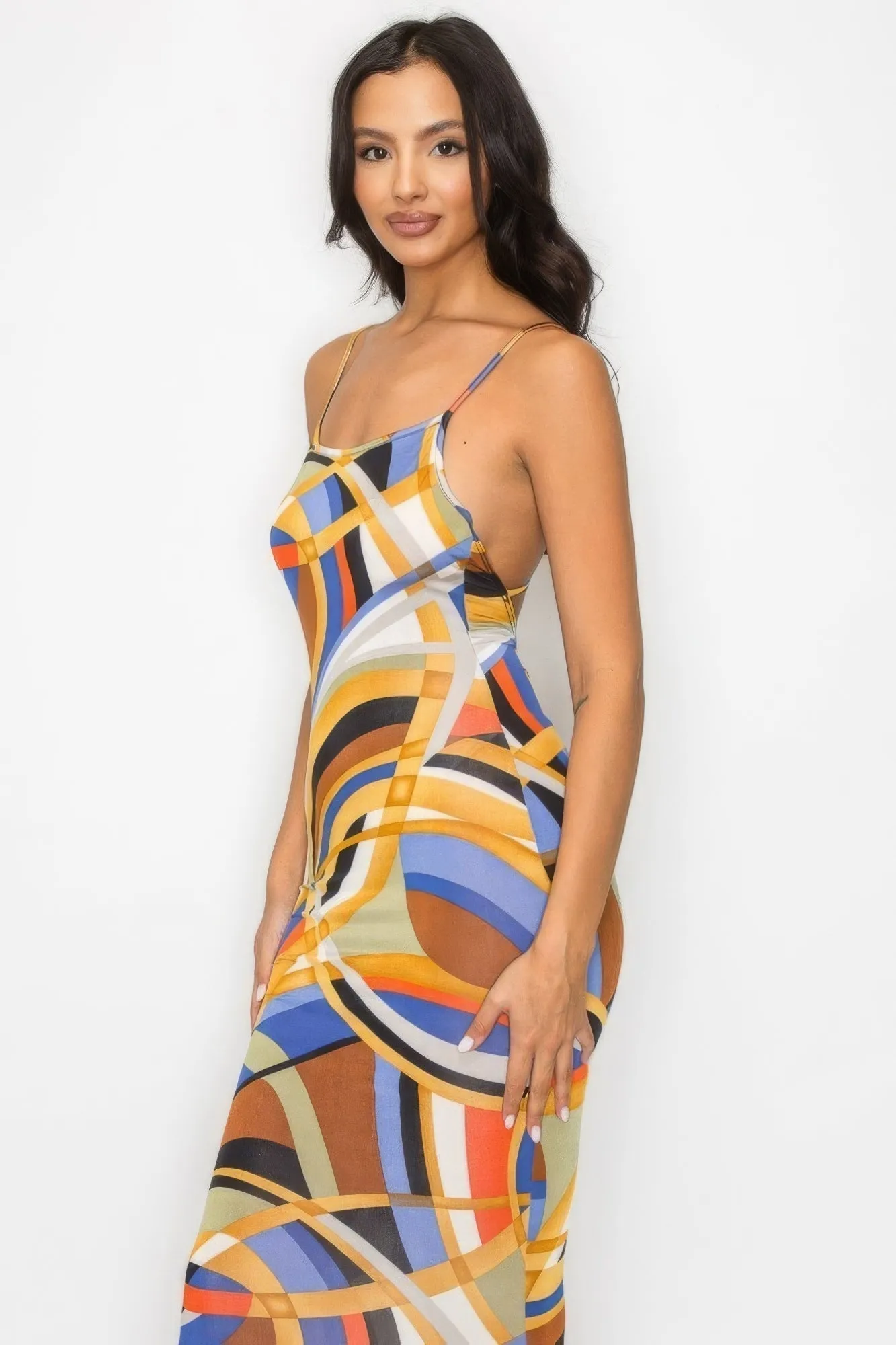 Elegant Cross-Back Marble Midi Dress - Fashionable Print Design