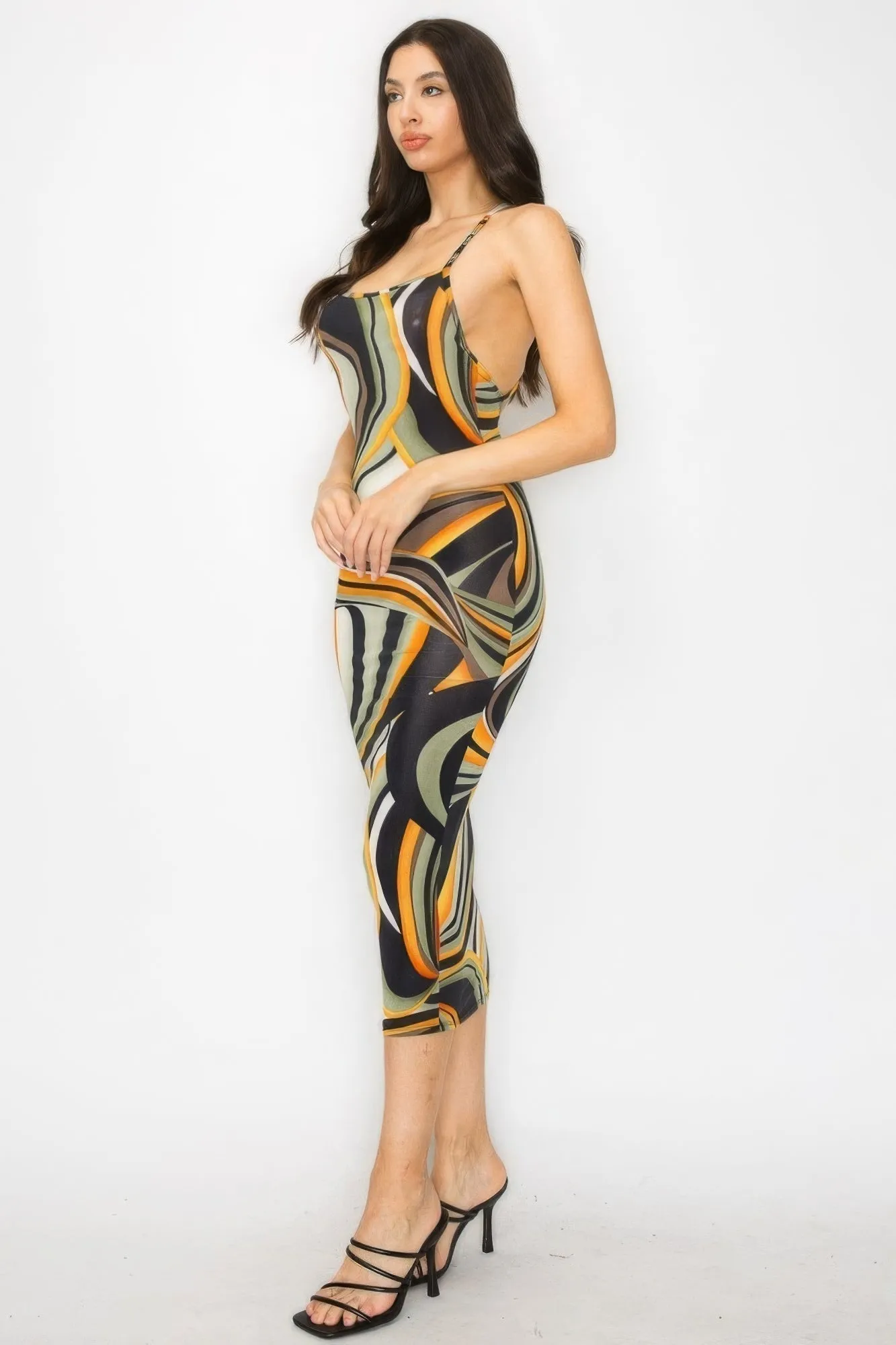 Elegant Cross-Back Marble Midi Dress - Fashionable Print Design
