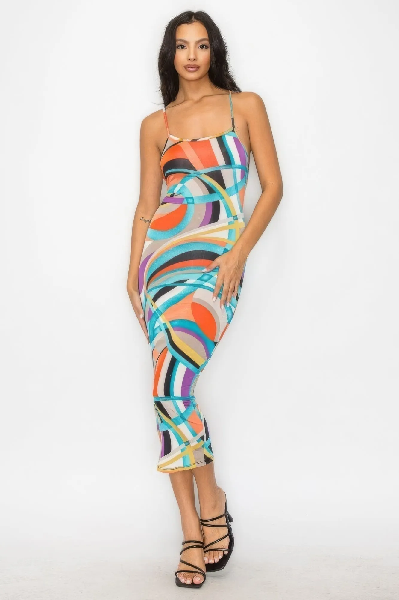 Elegant Cross-Back Marble Midi Dress - Fashionable Print Design