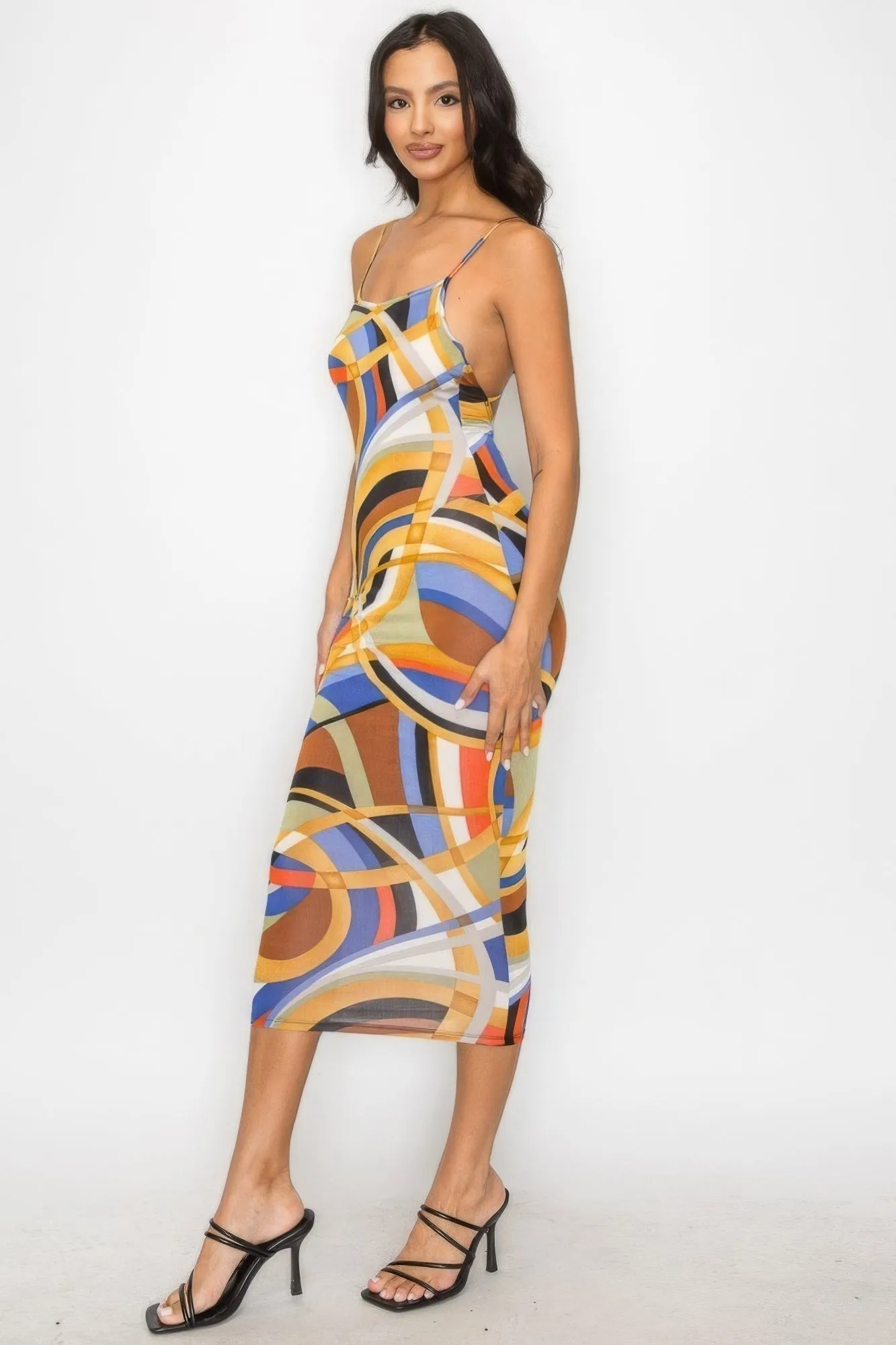 Elegant Cross-Back Marble Midi Dress - Fashionable Print Design