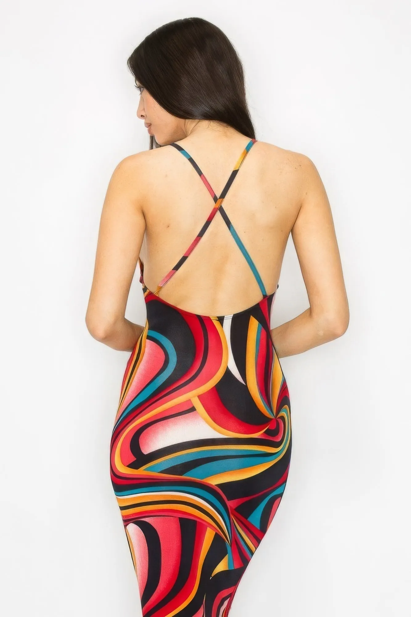 Elegant Cross-Back Marble Midi Dress - Fashionable Print Design
