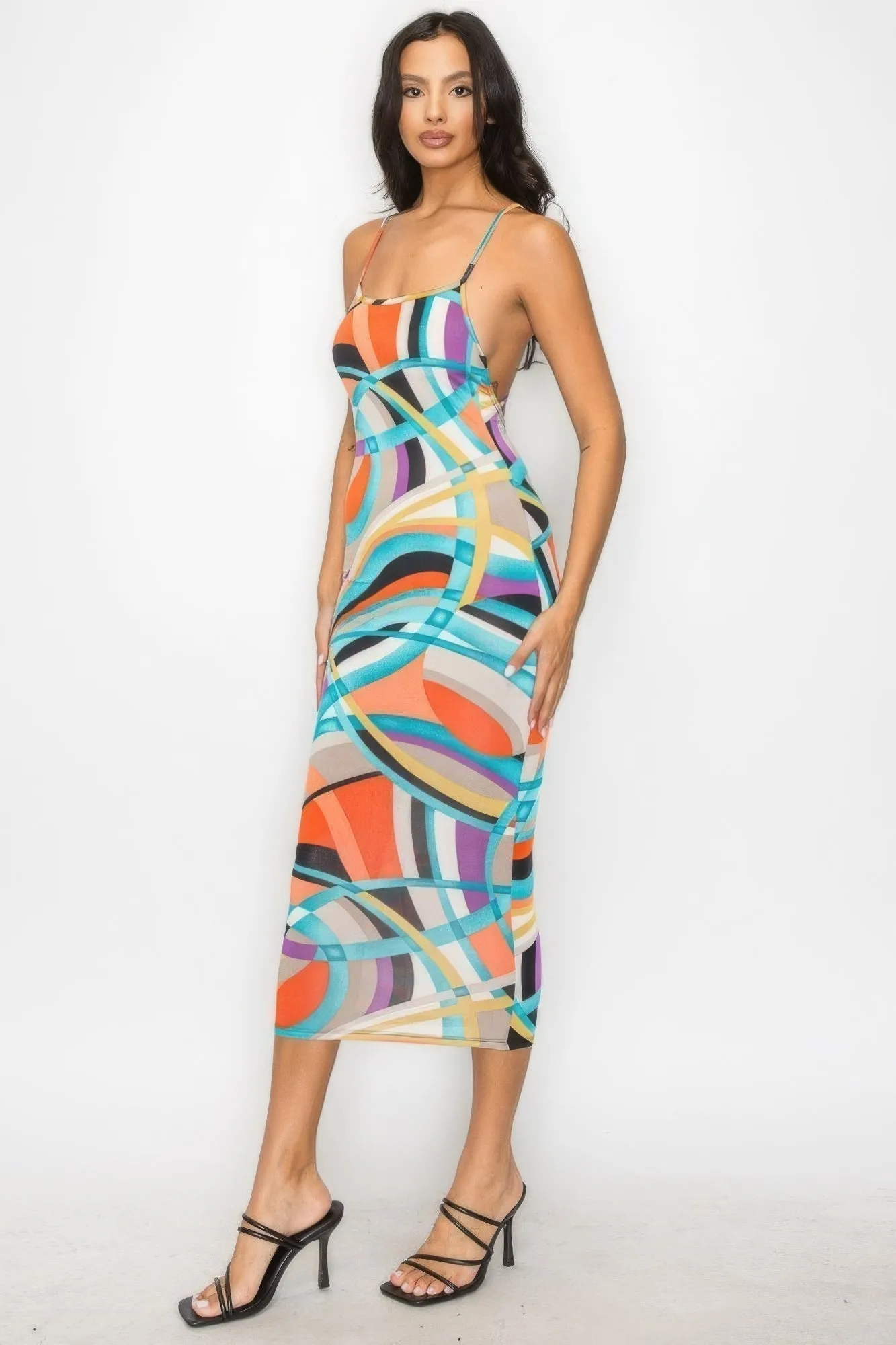 Elegant Cross-Back Marble Midi Dress - Fashionable Print Design