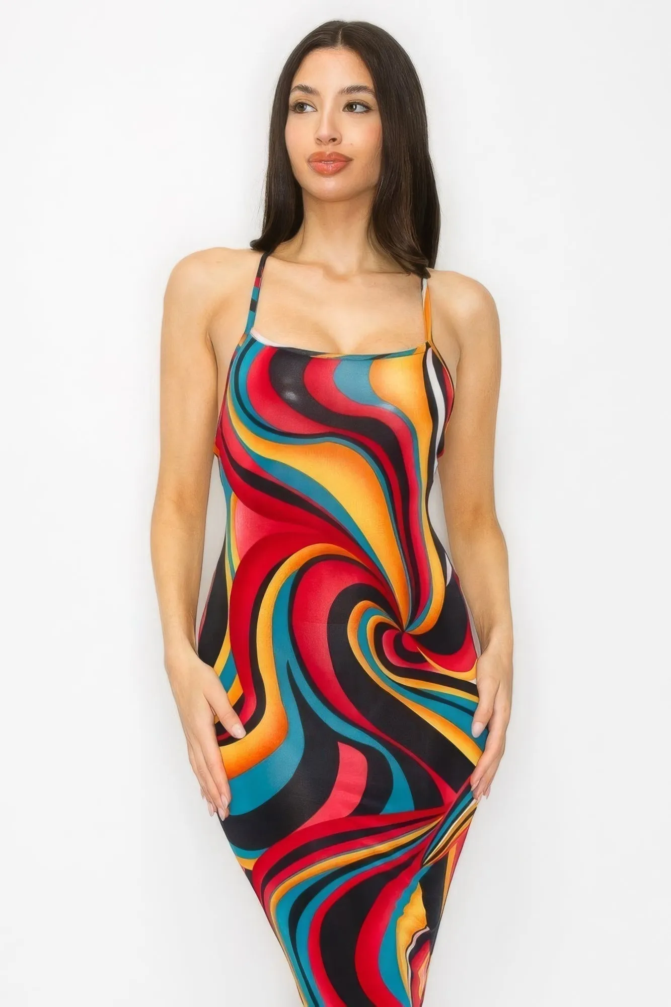 Elegant Cross-Back Marble Midi Dress - Fashionable Print Design