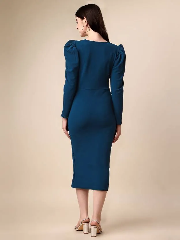 Elegant Sheath Solid Knitted Midi Dress