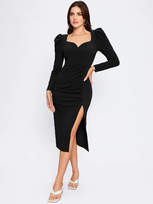 Elegant Sheath Solid Knitted Midi Dress