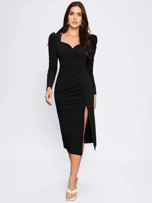 Elegant Sheath Solid Knitted Midi Dress