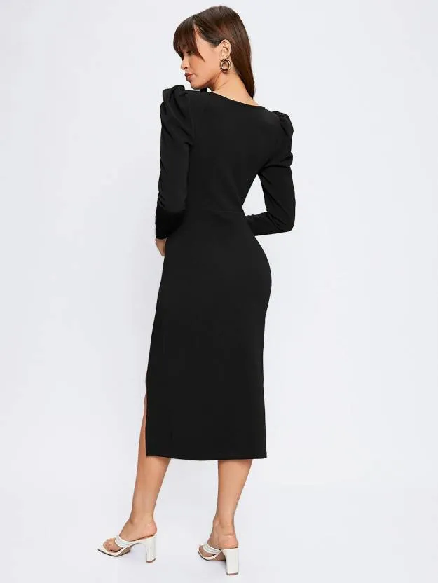 Elegant Sheath Solid Knitted Midi Dress