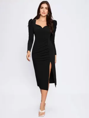 Elegant Sheath Solid Knitted Midi Dress