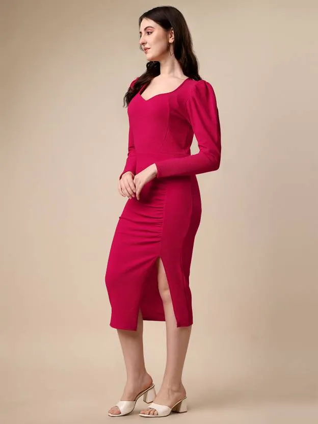 Elegant Sheath Solid Knitted Midi Dress
