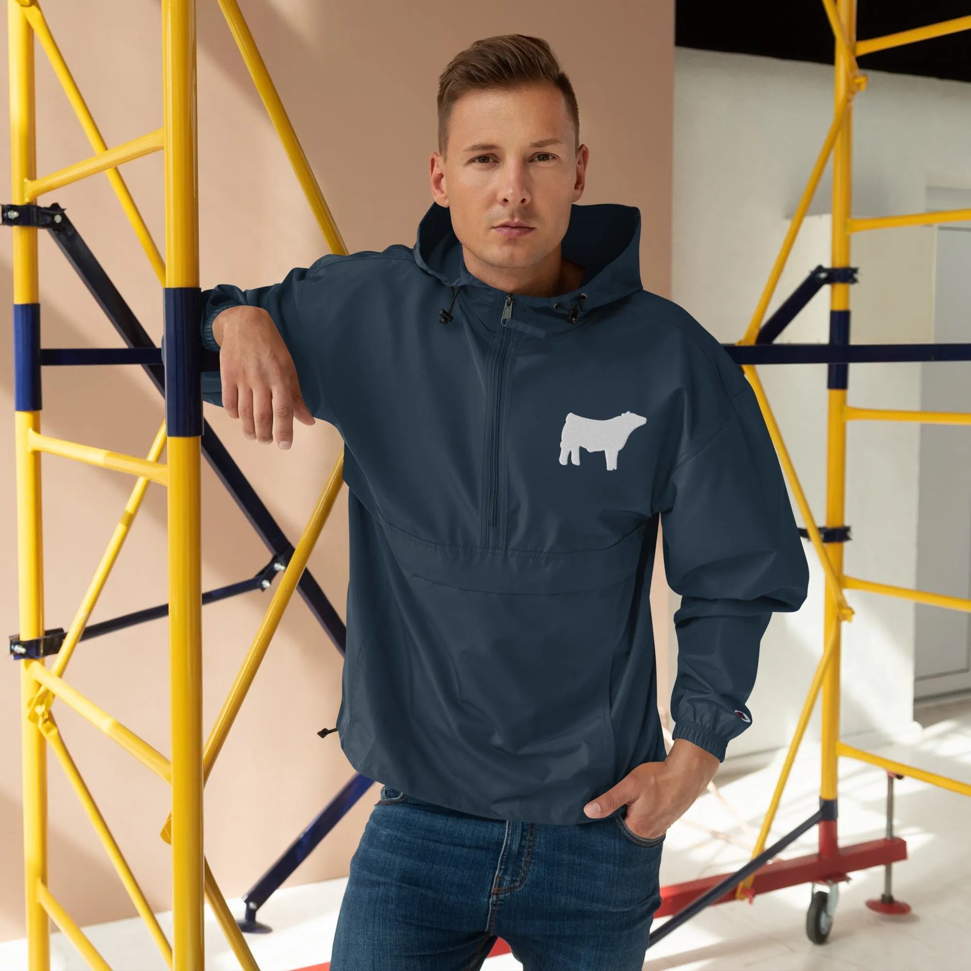 Embroidered Packable Jacket - Livestock Show Charolais Steer - Wash Rack Pullover Jacket