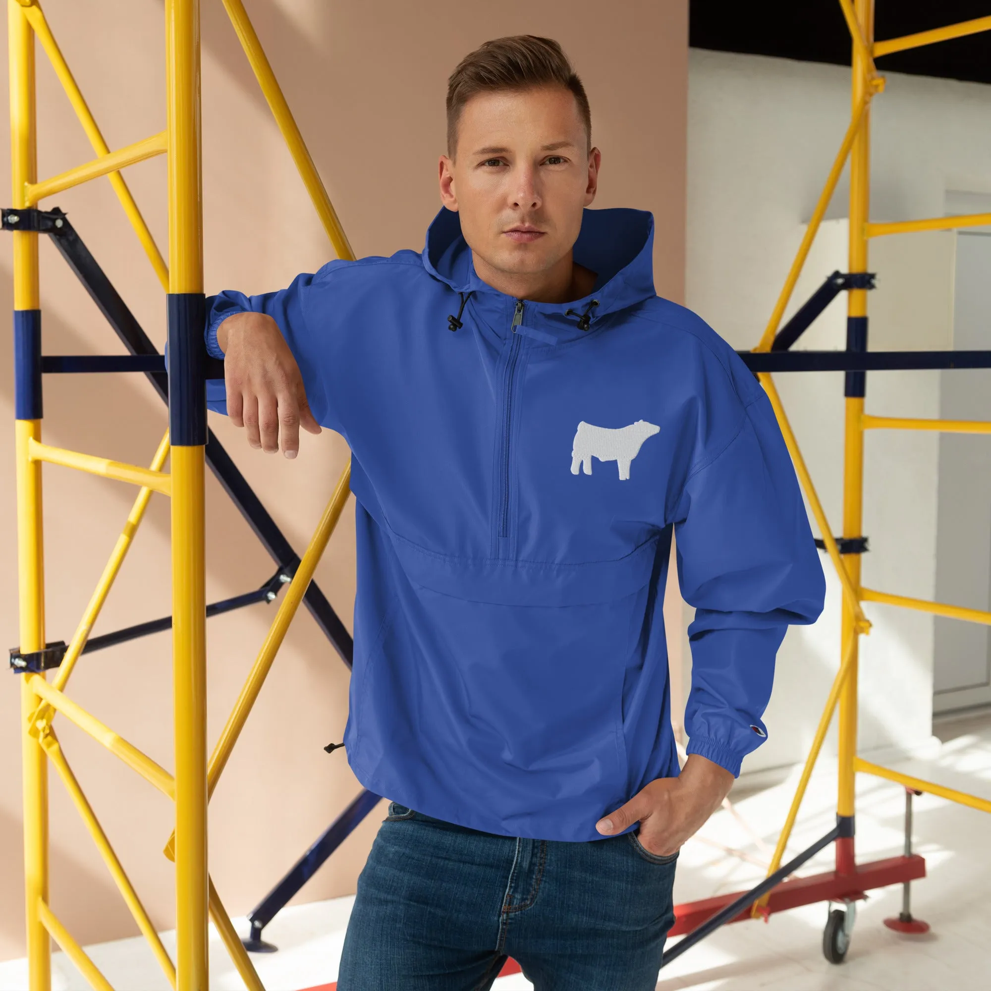 Embroidered Packable Jacket - Livestock Show Charolais Steer - Wash Rack Pullover Jacket
