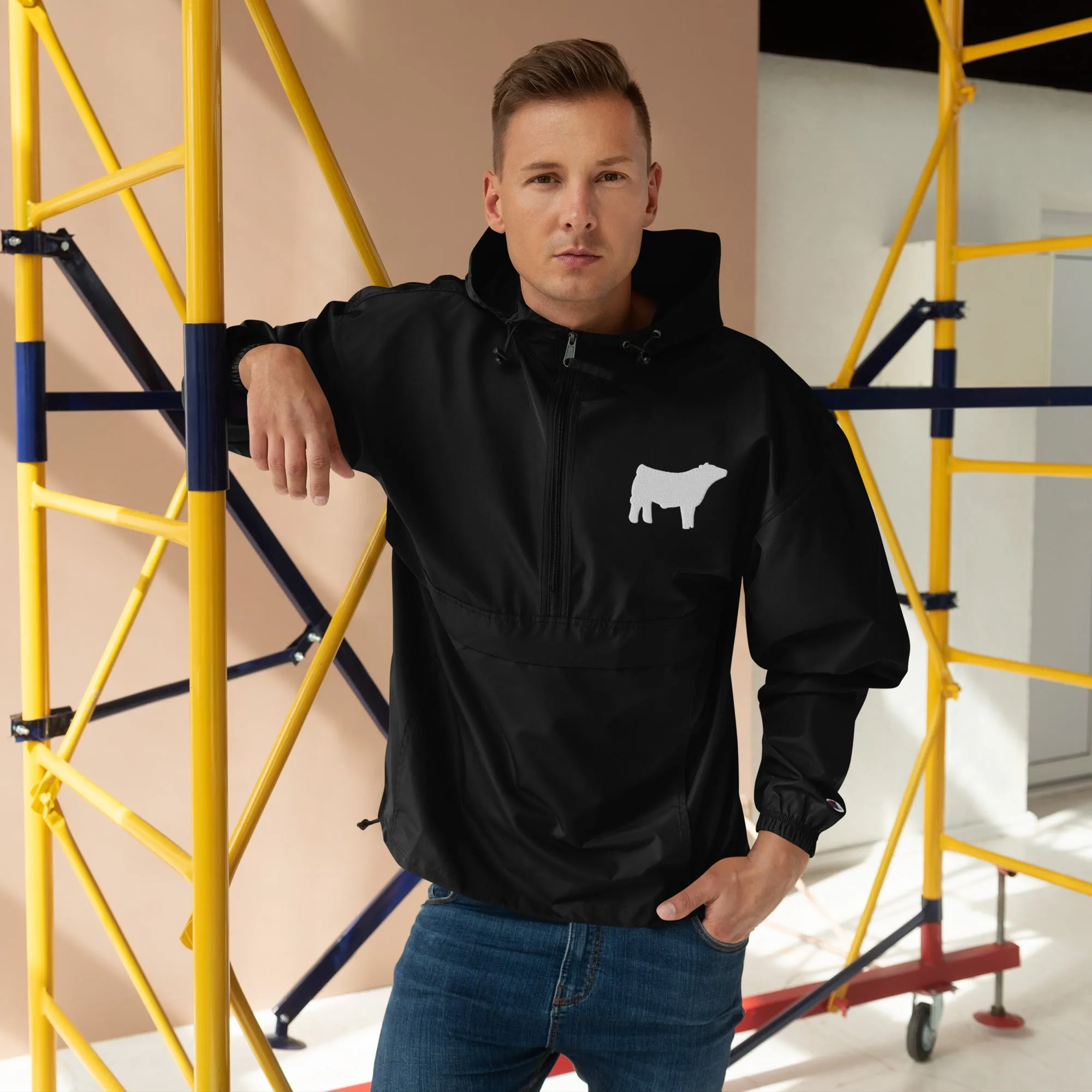 Embroidered Packable Jacket - Livestock Show Charolais Steer - Wash Rack Pullover Jacket