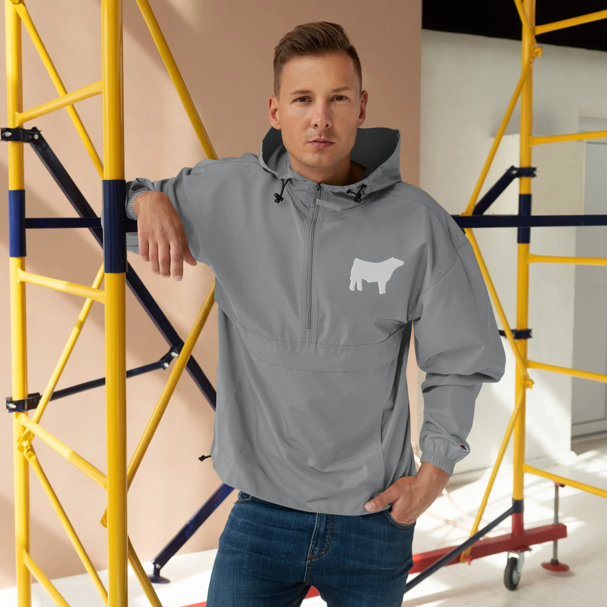 Embroidered Packable Jacket - Livestock Show Charolais Steer - Wash Rack Pullover Jacket