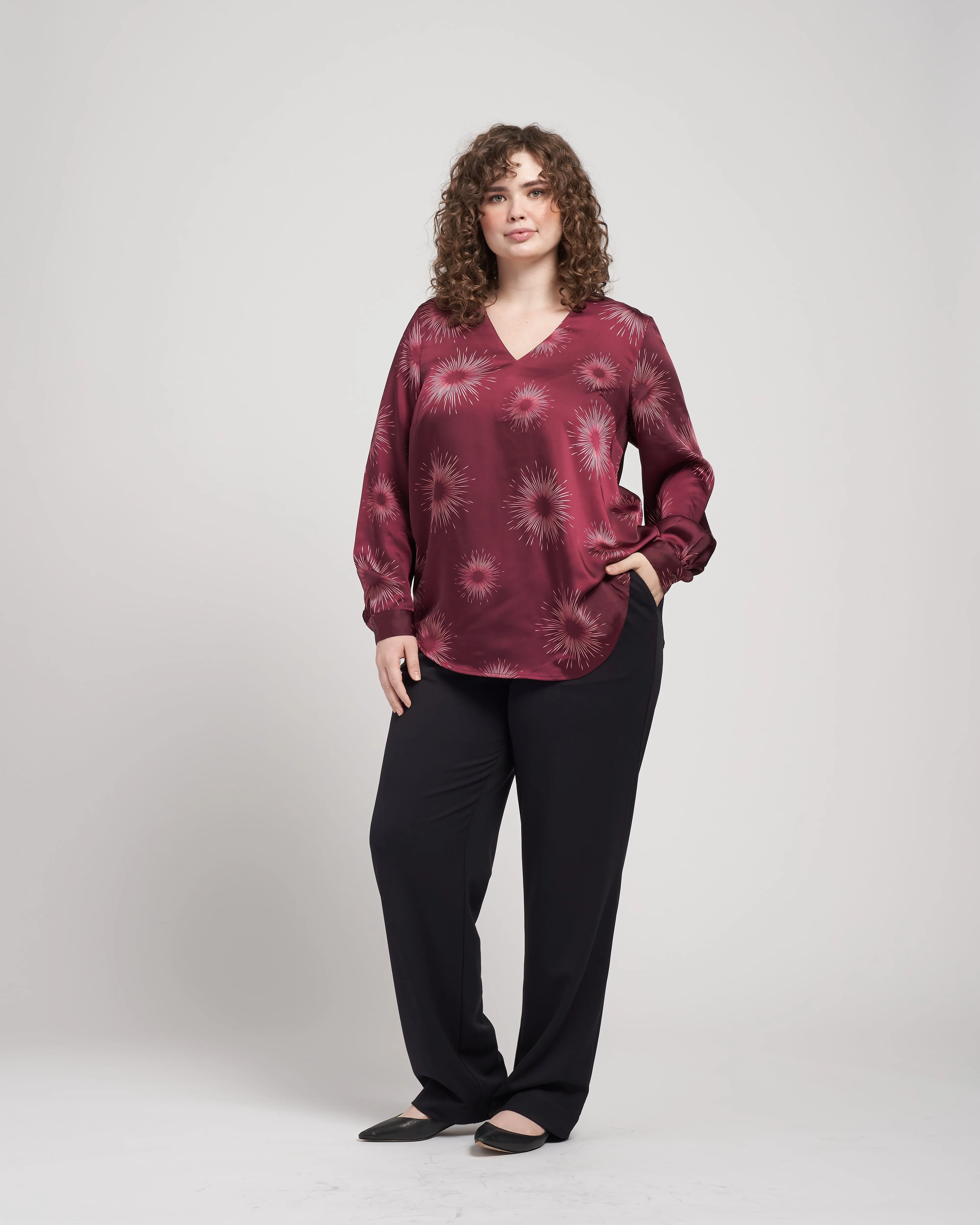Eva Long Sleeve Satin V Neck Blouse - Constellation