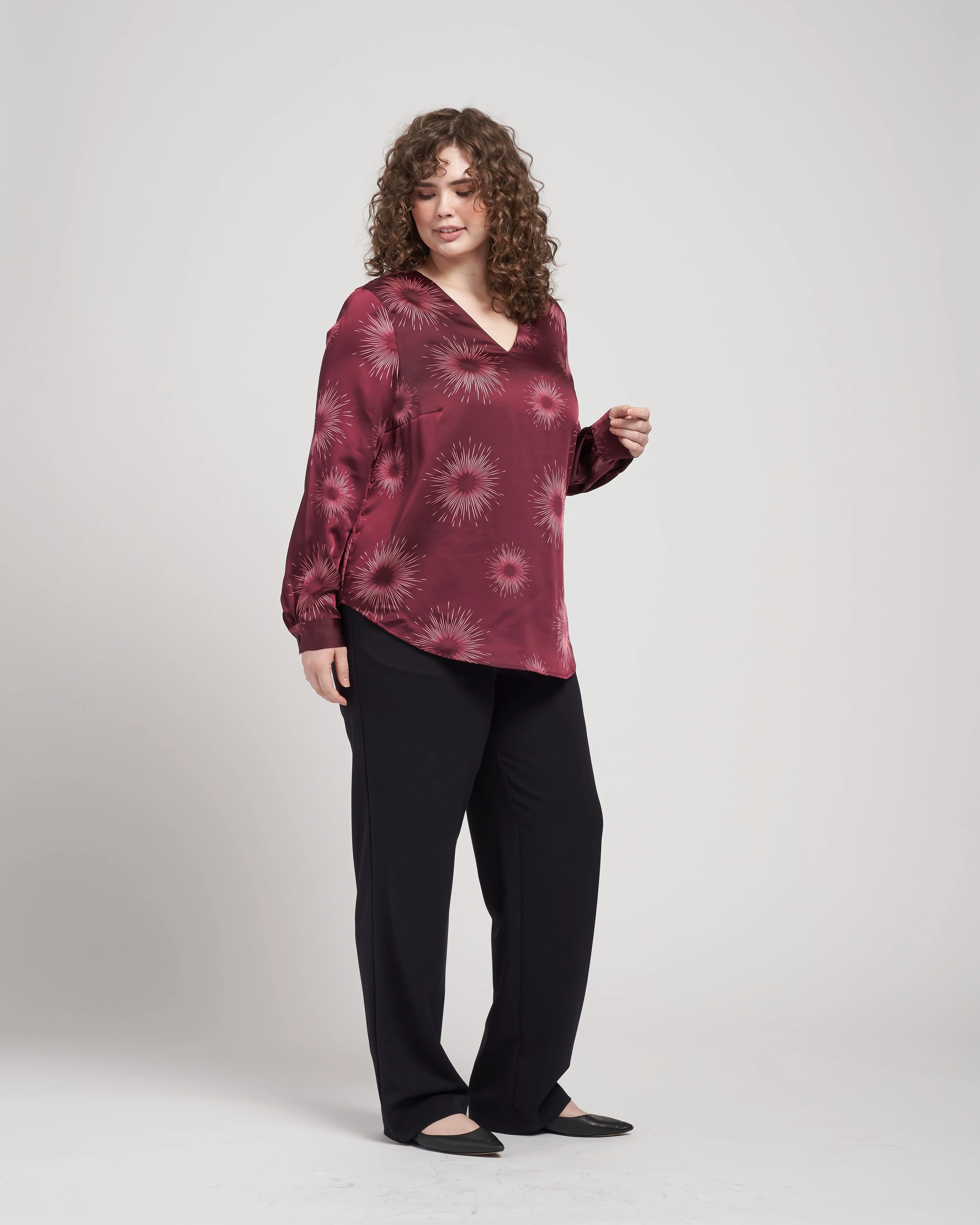 Eva Long Sleeve Satin V Neck Blouse - Constellation