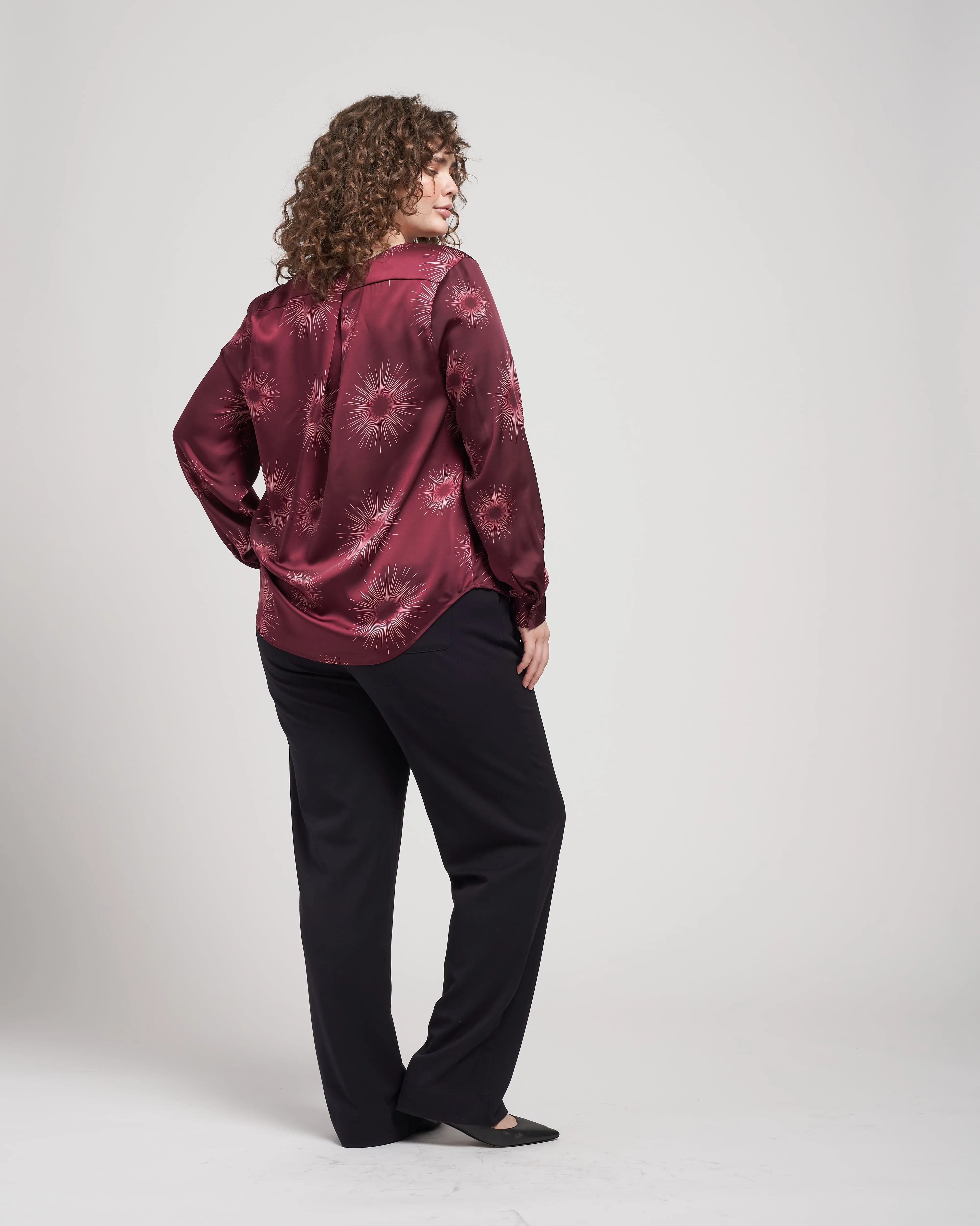 Eva Long Sleeve Satin V Neck Blouse - Constellation