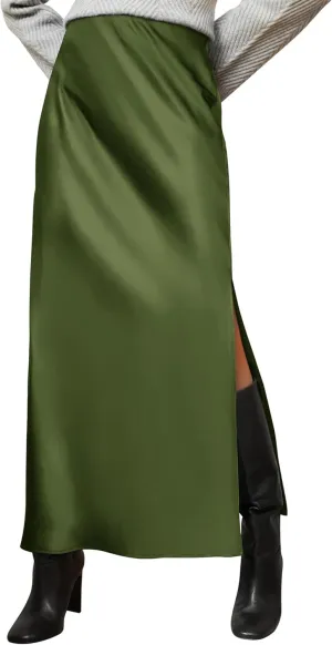 Ezcosplay Women Satin Silk Side Slit Maxi Skirt High Waisted Elastic Waist Silky Split Long Skirts