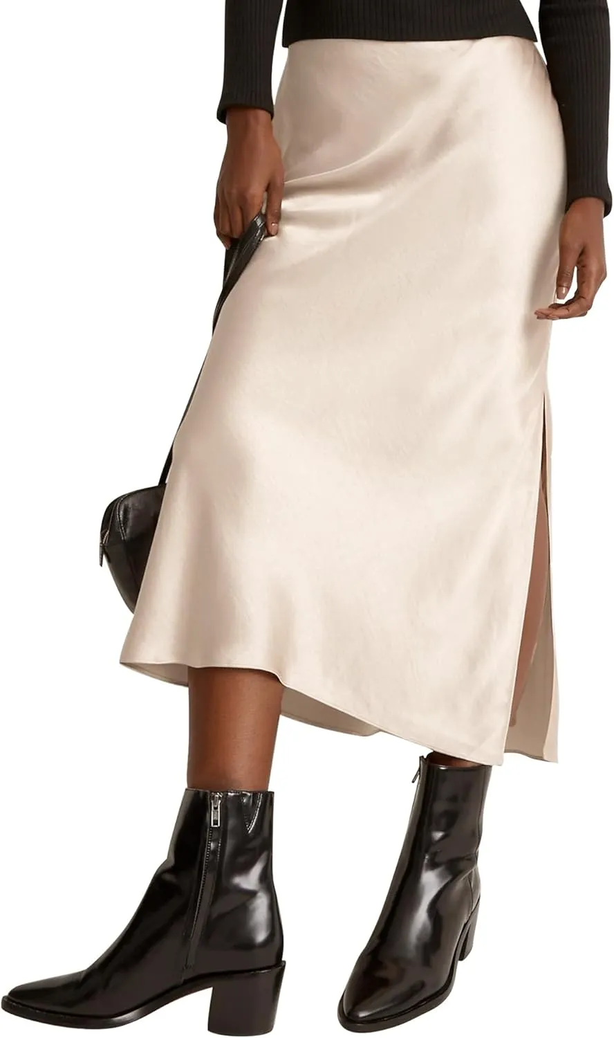 Ezcosplay Women Satin Silk Side Slit Maxi Skirt High Waisted Elastic Waist Silky Split Long Skirts