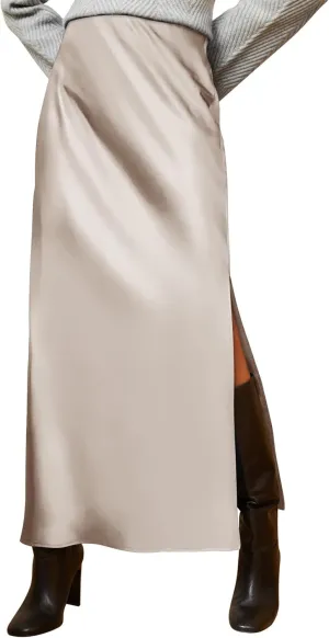 Ezcosplay Women Satin Silk Side Slit Maxi Skirt High Waisted Elastic Waist Silky Split Long Skirts