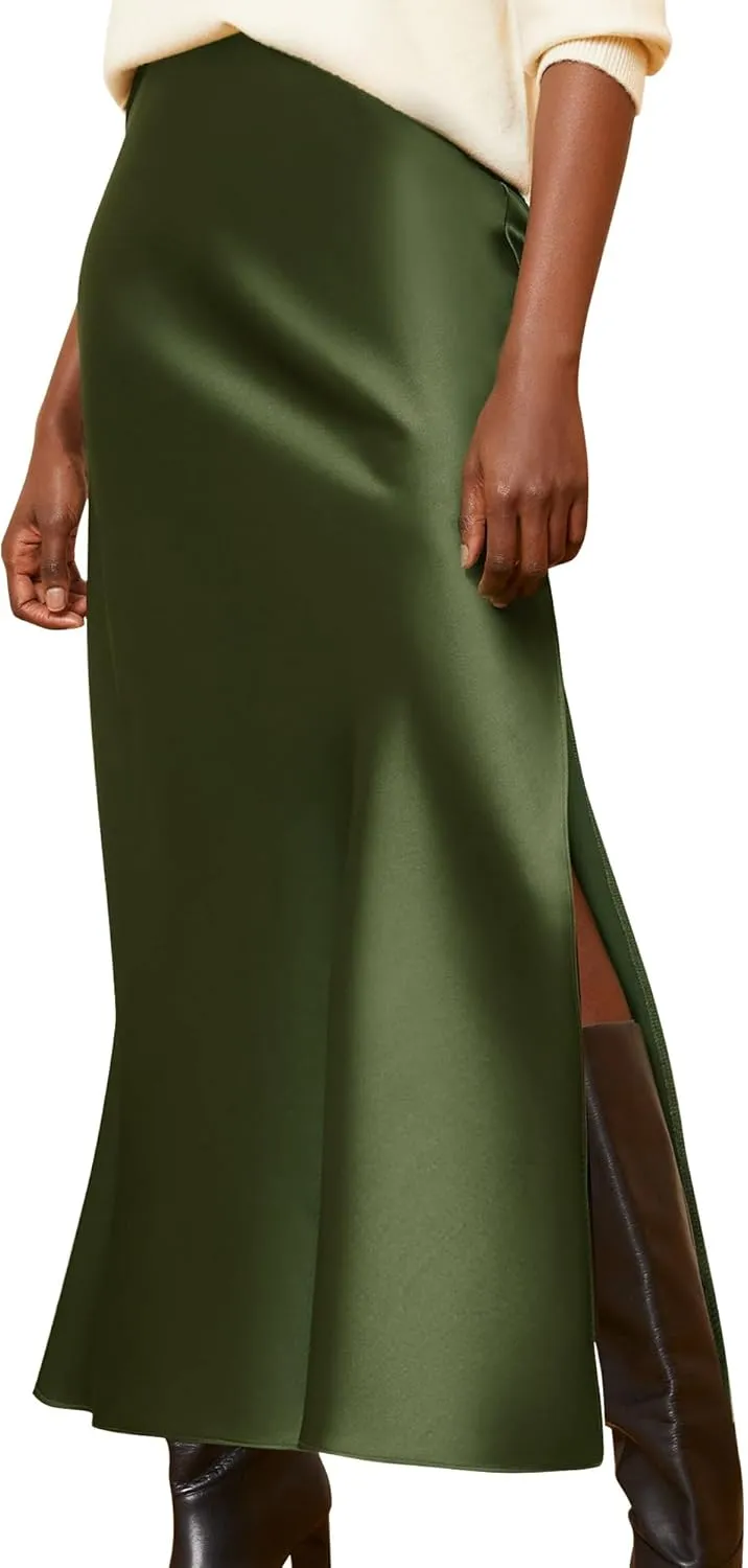 Ezcosplay Women Satin Silk Side Slit Maxi Skirt High Waisted Elastic Waist Silky Split Long Skirts