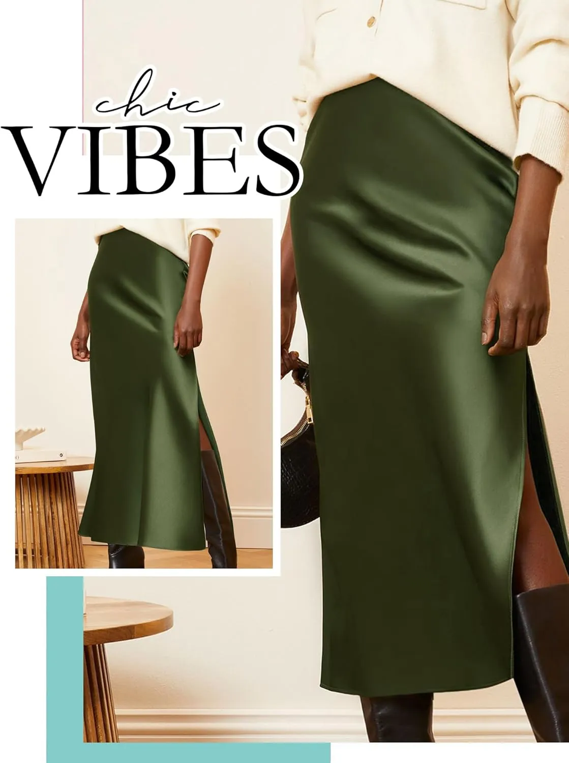 Ezcosplay Women Satin Silk Side Slit Maxi Skirt High Waisted Elastic Waist Silky Split Long Skirts