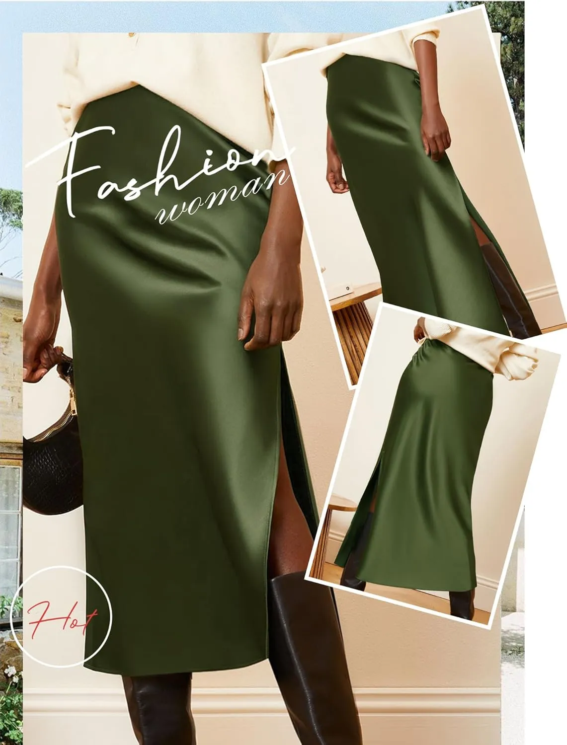 Ezcosplay Women Satin Silk Side Slit Maxi Skirt High Waisted Elastic Waist Silky Split Long Skirts