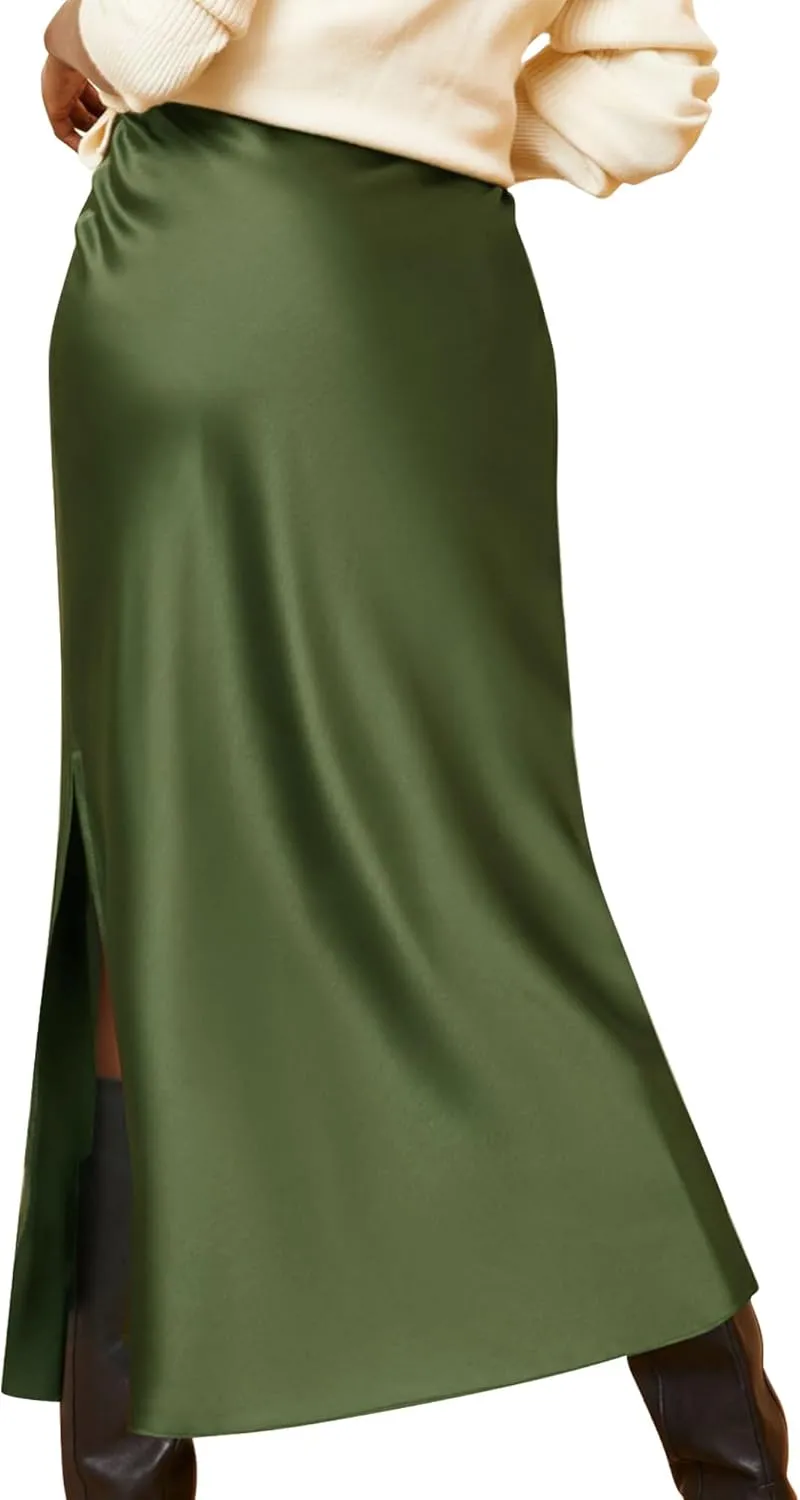 Ezcosplay Women Satin Silk Side Slit Maxi Skirt High Waisted Elastic Waist Silky Split Long Skirts