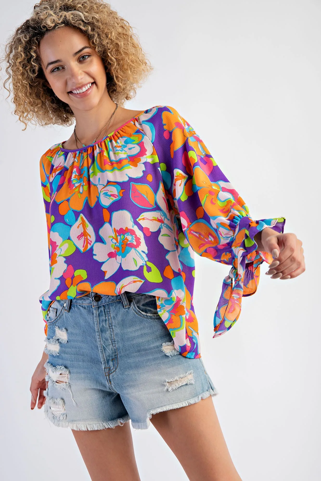 FLORAL PRINTED MIRABELLE SATIN BLOUSE